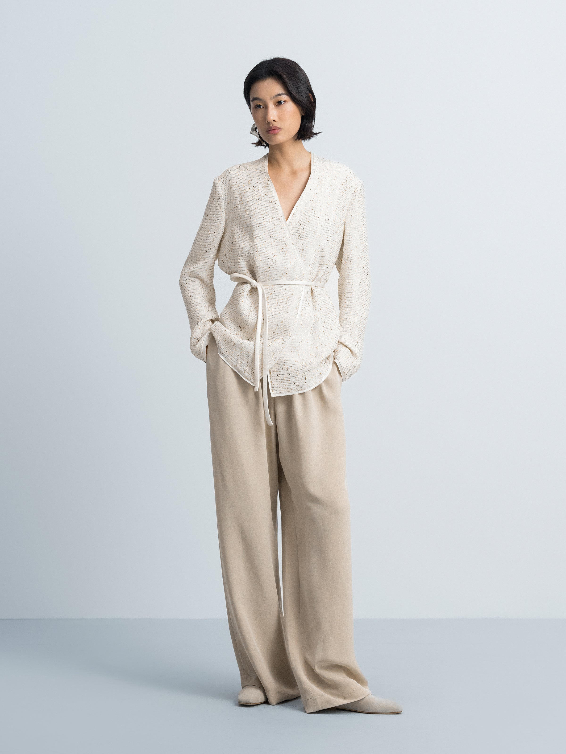 Beige Sequin Stripe V-Neck Satin Belt Blazer