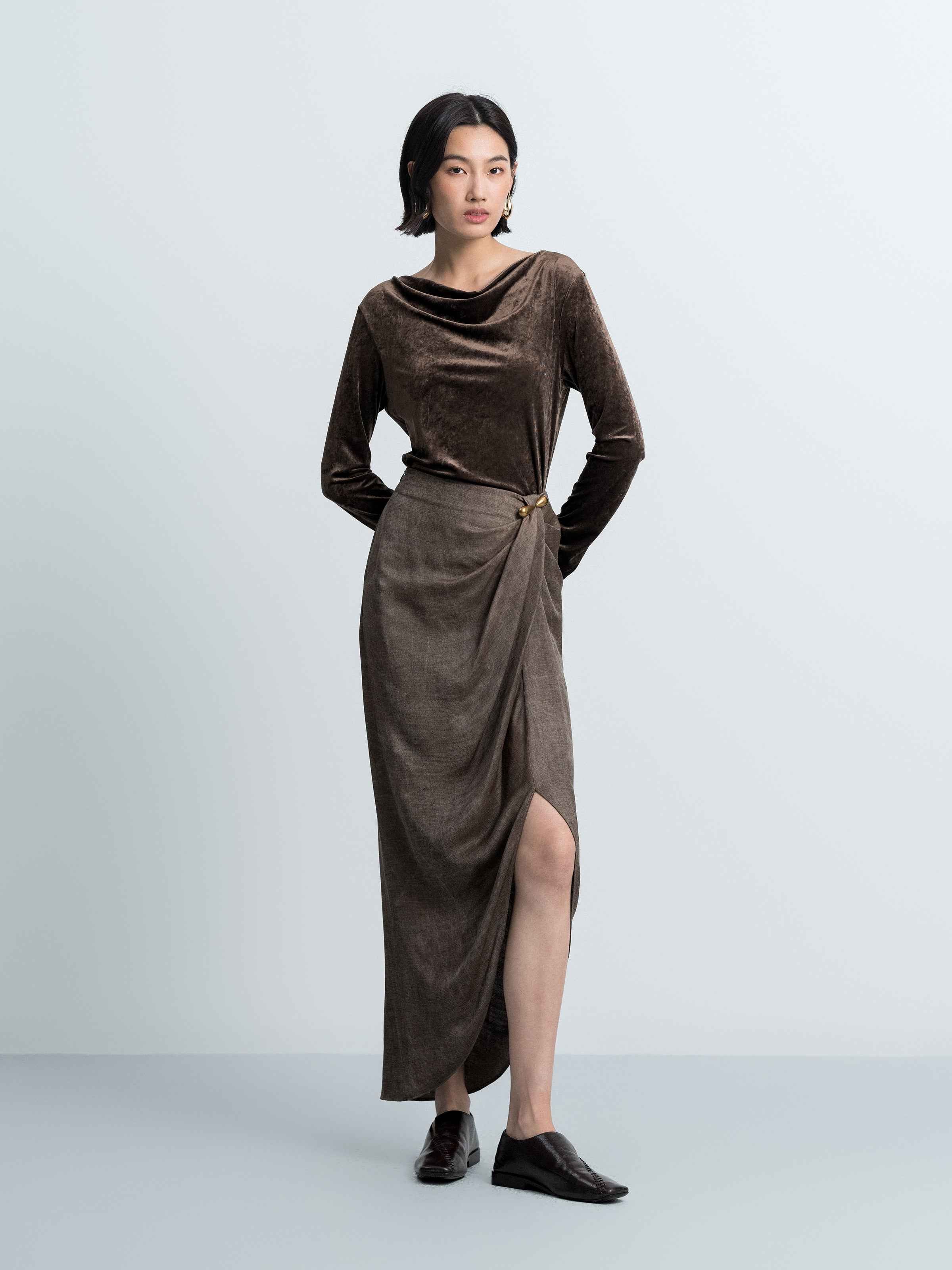 Asymmetrical Pinched‑pleat Midi Skirt