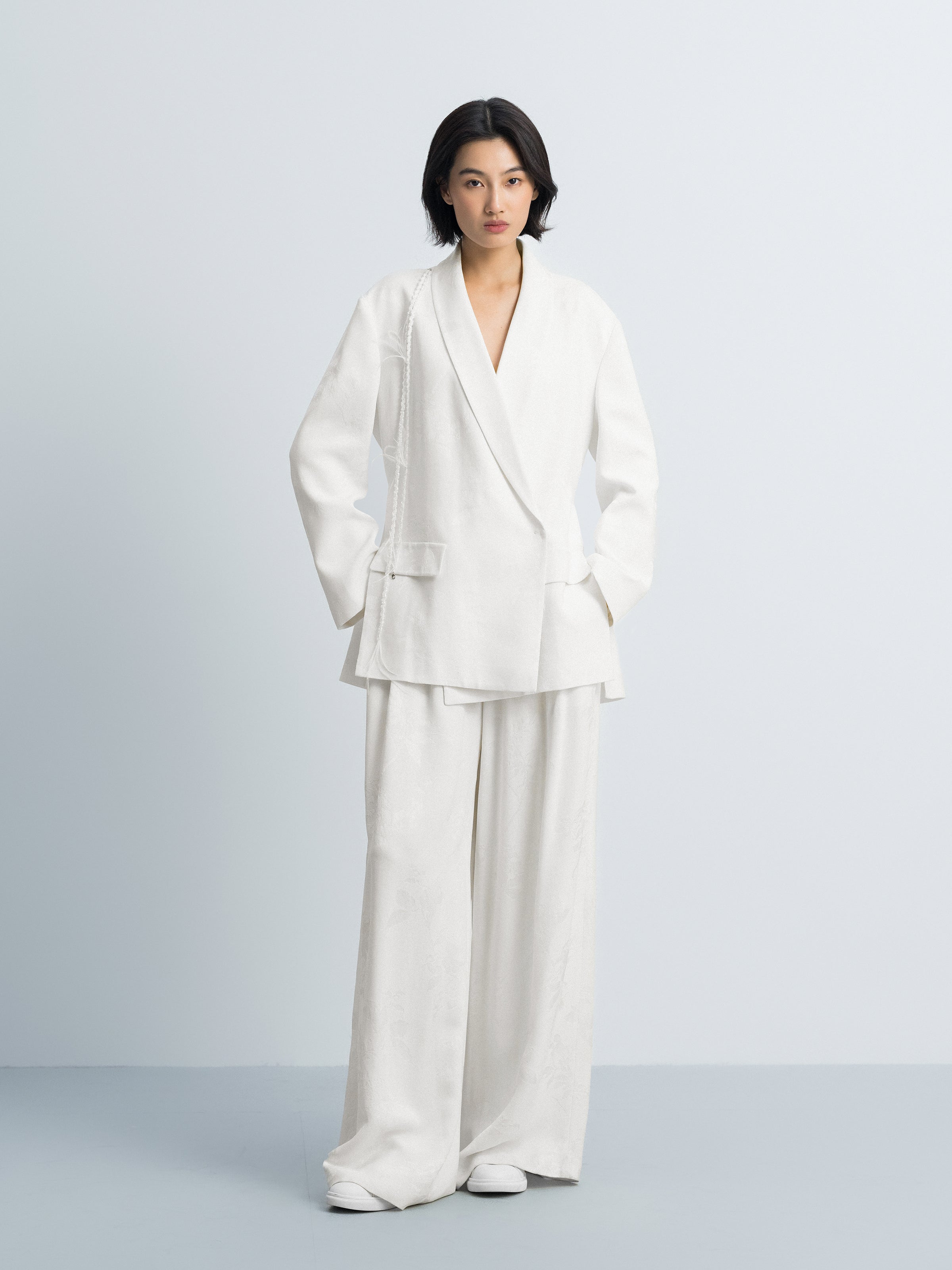 Cream White Rayon Jacquard Shawl Collar Oversized Blazer