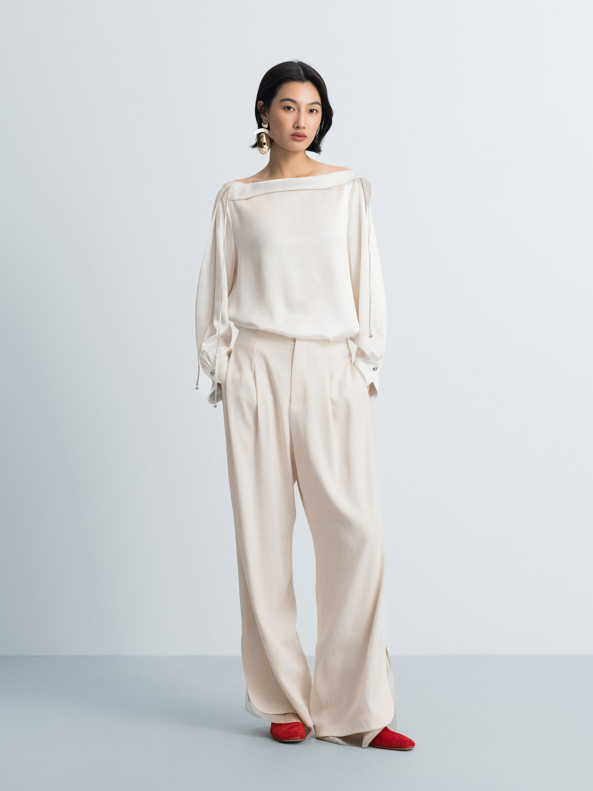 Cream White Acetate Satin Boat Neck Crossover Top