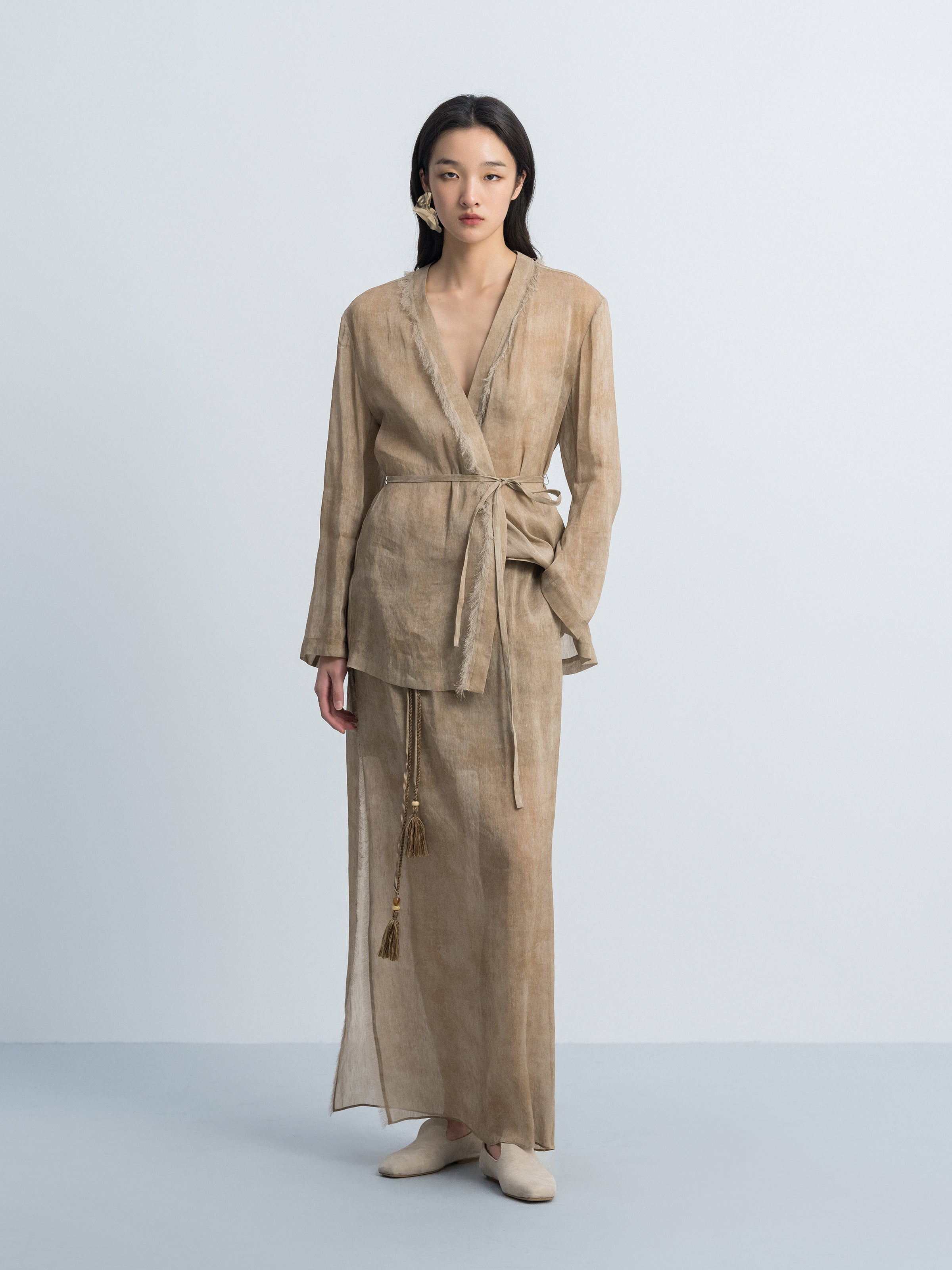 Light Khaki Tie Waist Blazer