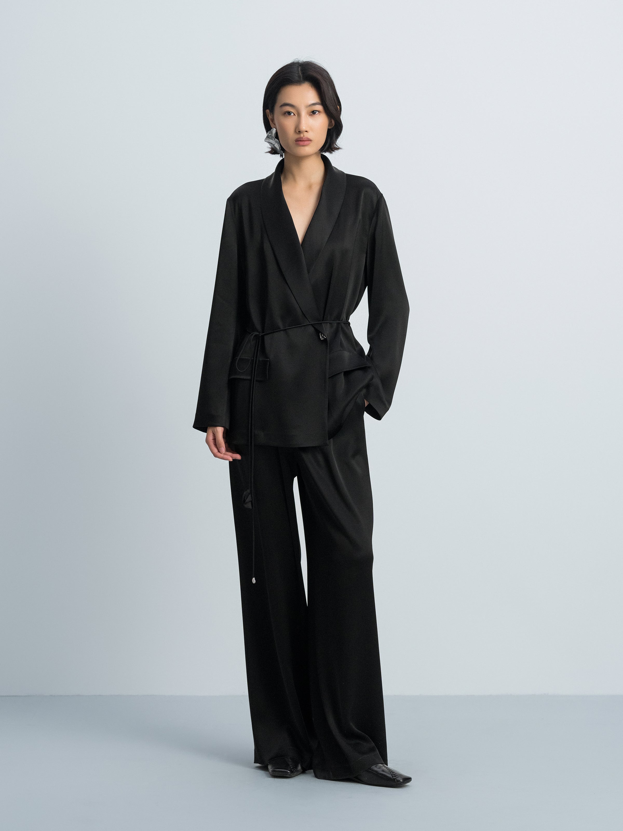 Black Water Wave Satin Shawl Collar Drawstring Blazer