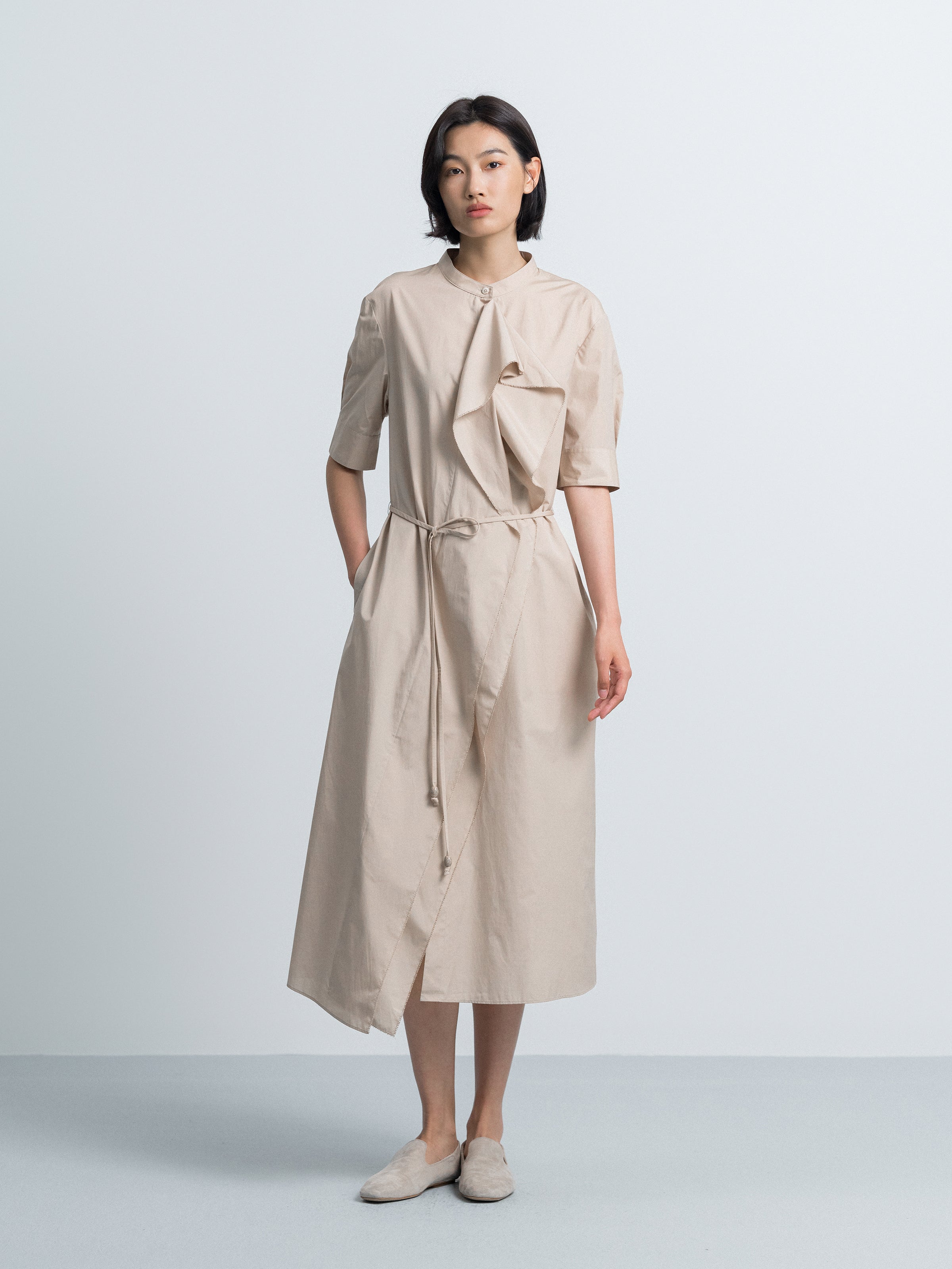 Light Khaki Cotton Poly A-Line Tie Neck Shirt Dress