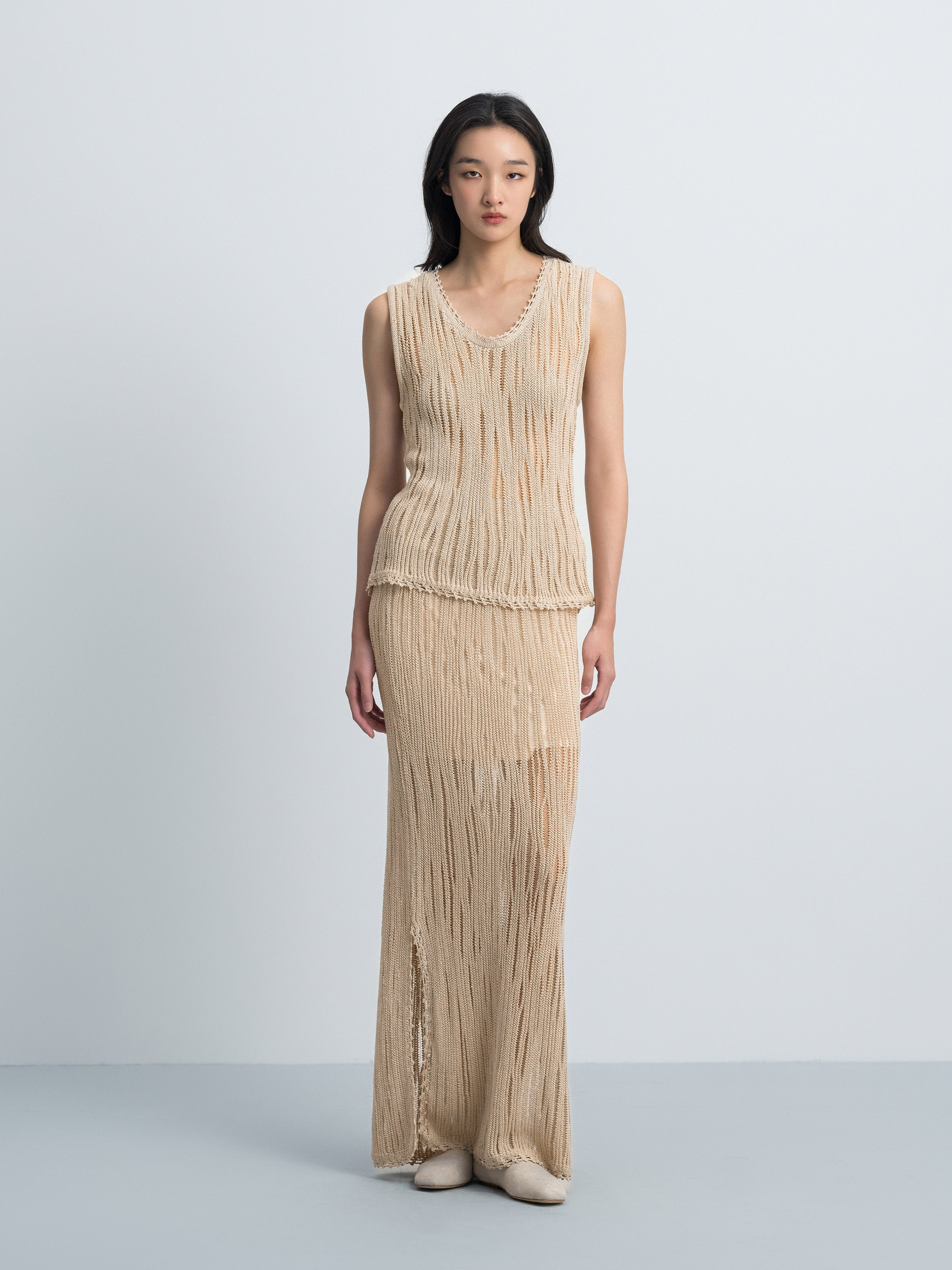 Light Khaki Openwork Lace Trim Side Slit Knit Skirt