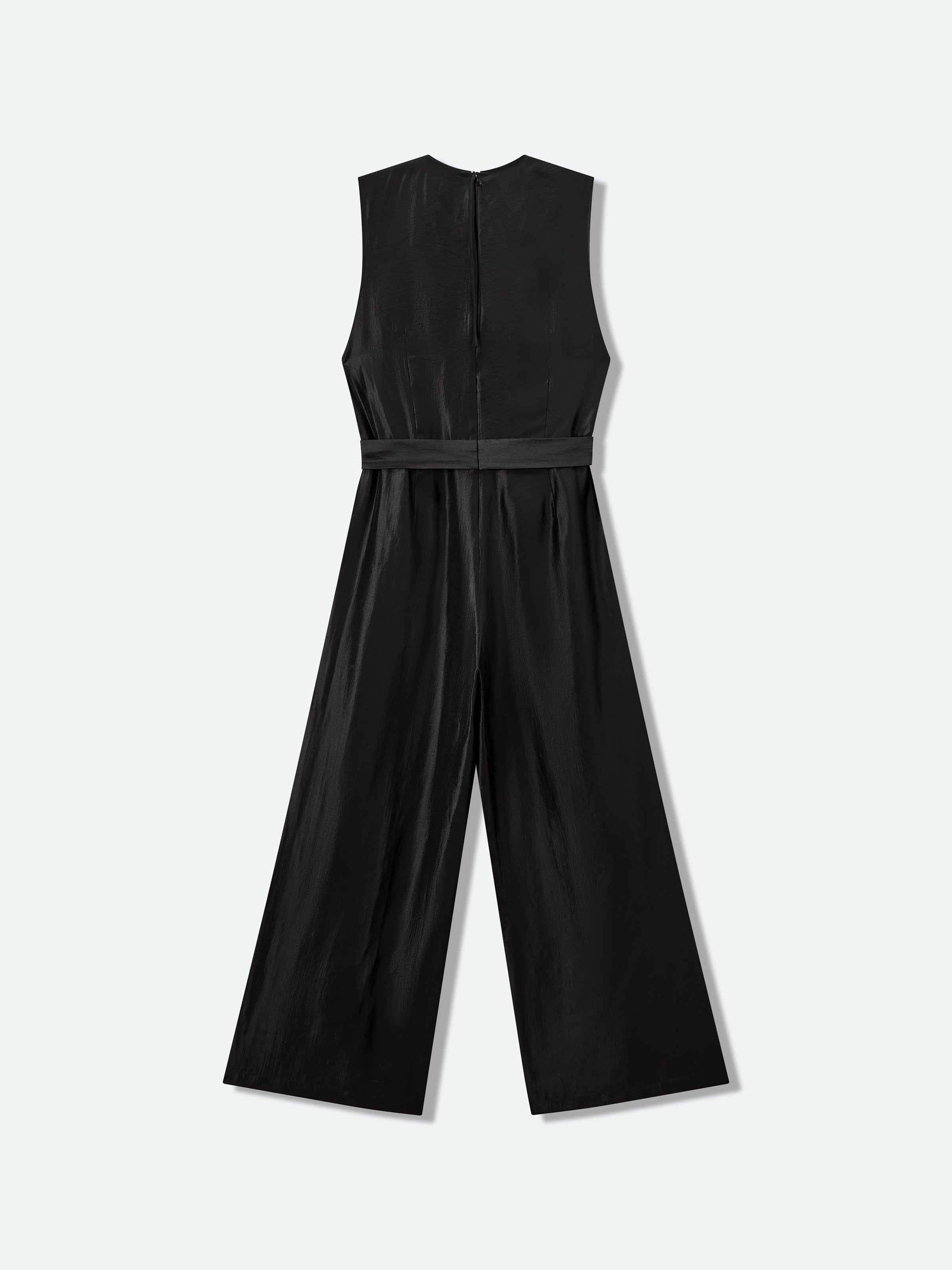 Black Shiny Silk Fitted Waist Wide Streamer Jumpsuit