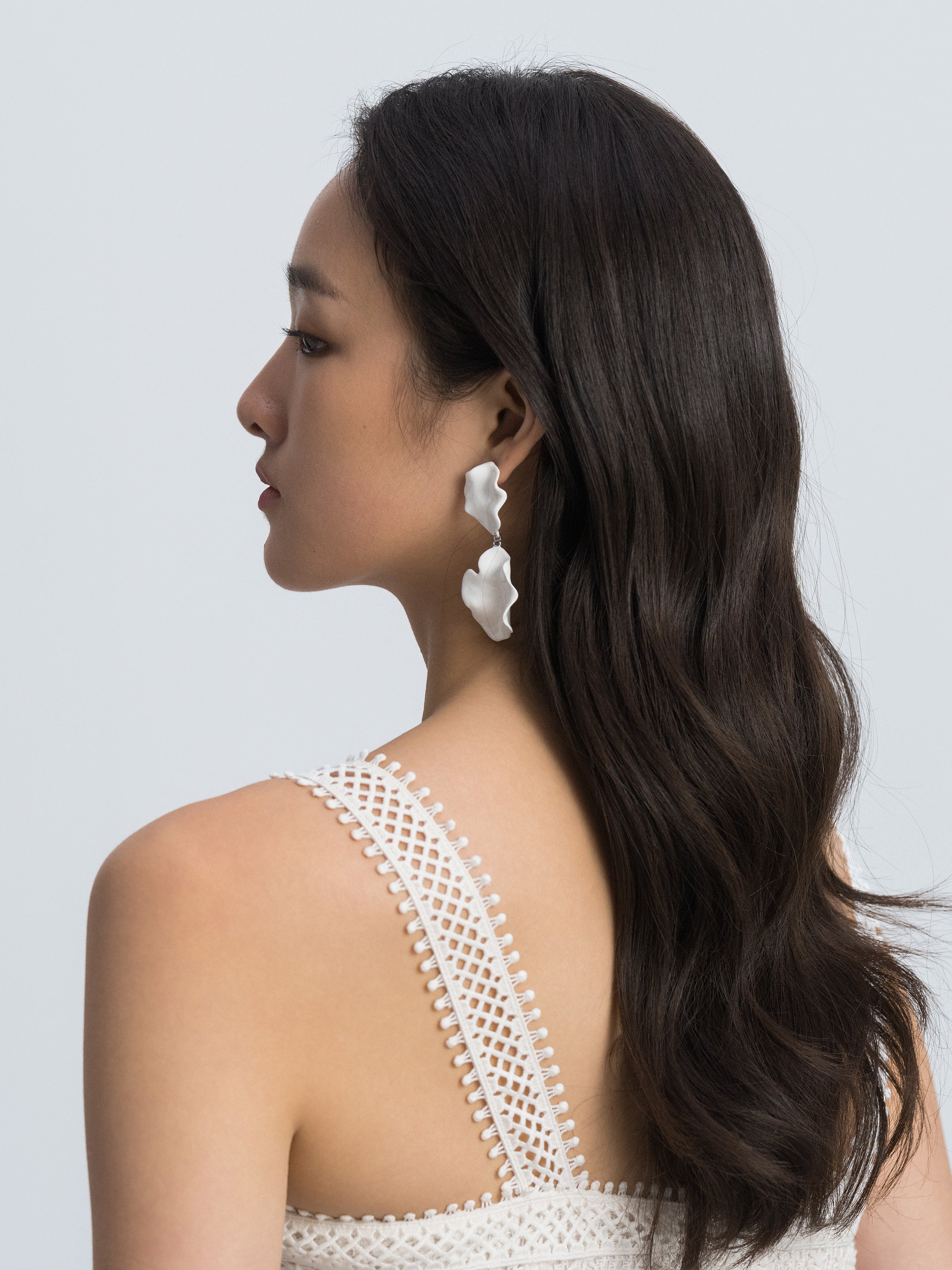 Off White Enamel Double Layer Overlapping Petal Stud Earrings