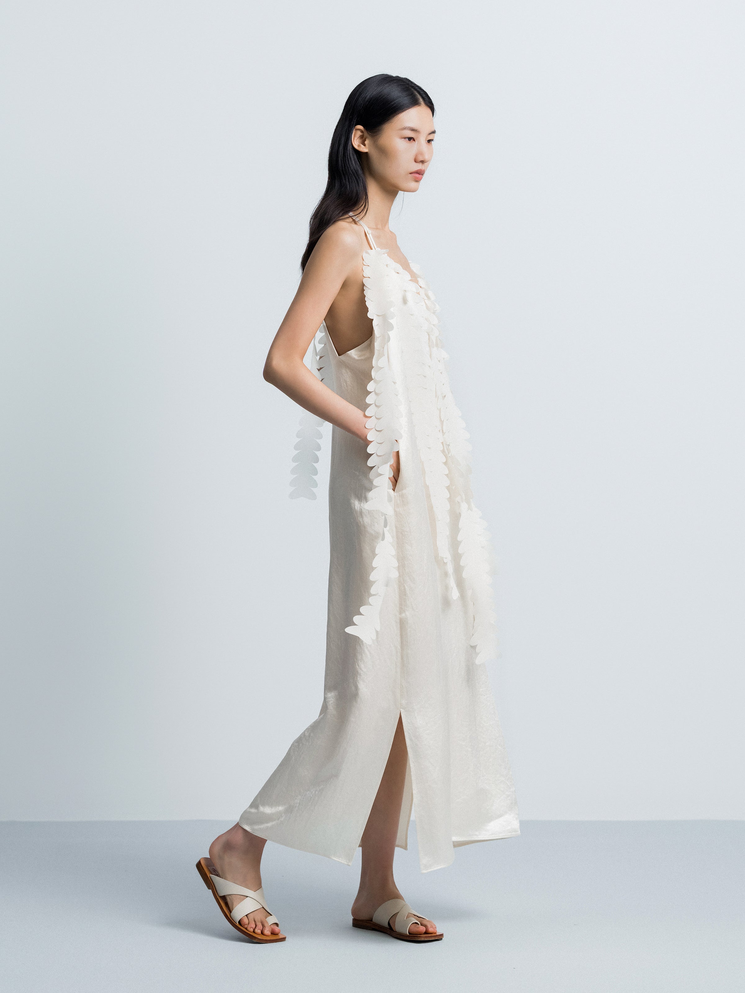 Cream White Acetate V-Neck Double Strap Floral Slip Dress