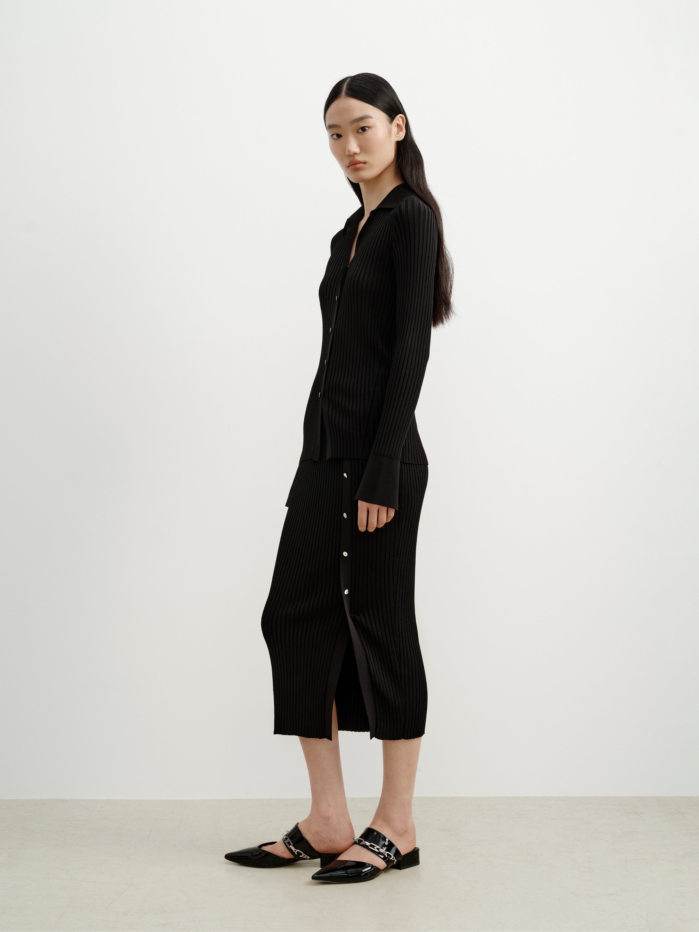 Black Viscose Blend Straight Asymmetric Slit Midi Skirt