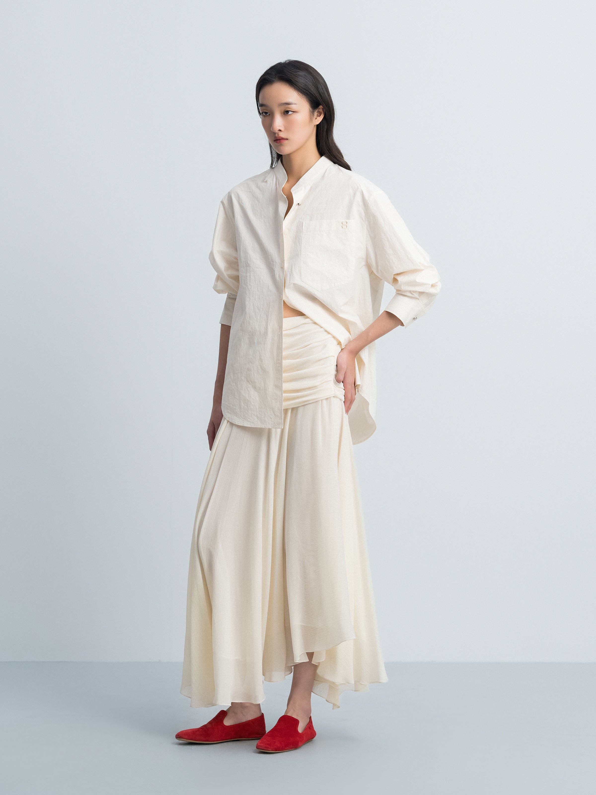 Cream White Silk Blend Gathered Waist Ruched Long Skirt