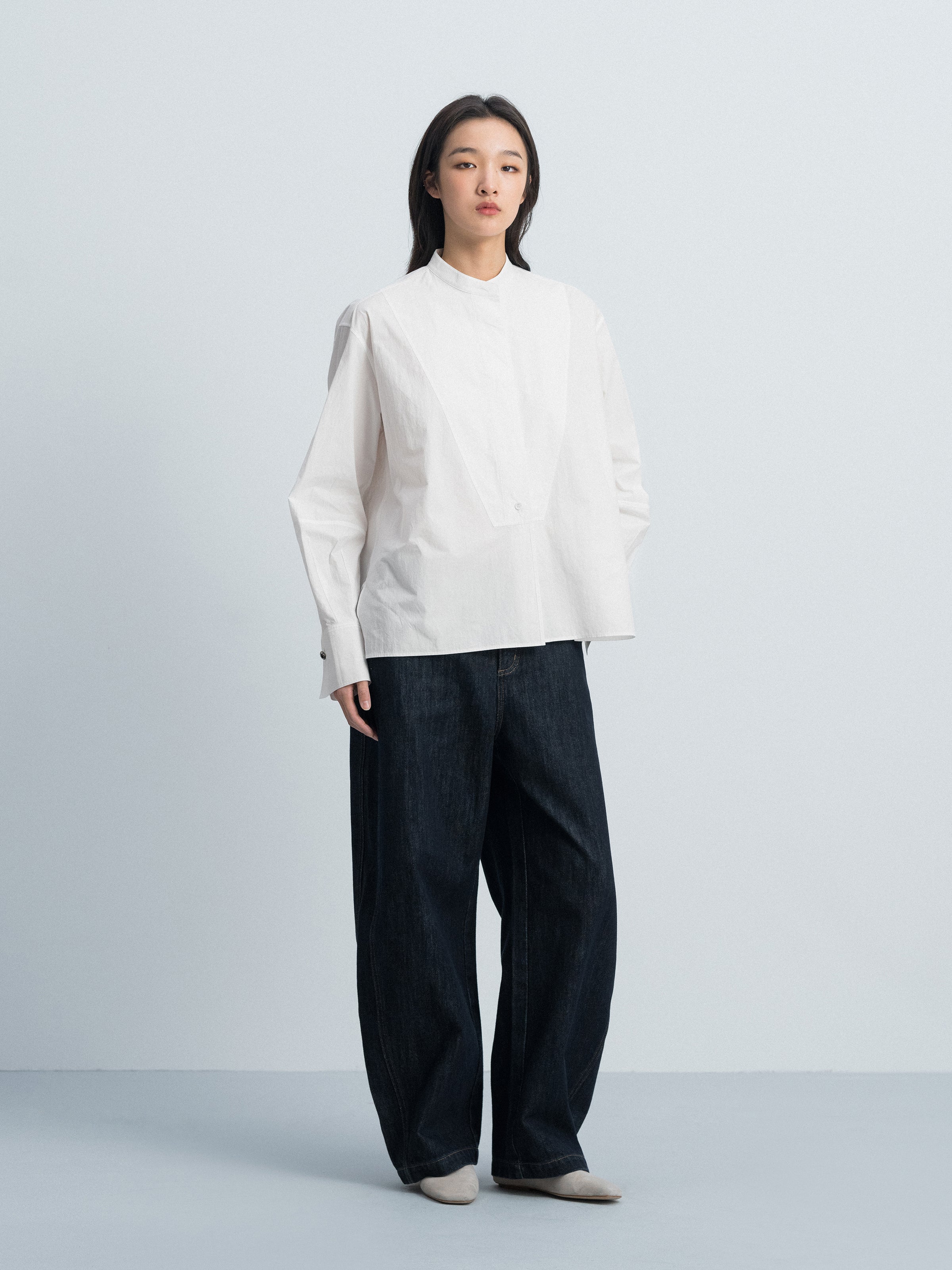 Off White Cotton Crinkle Stand Collar Hidden Placket Shirt