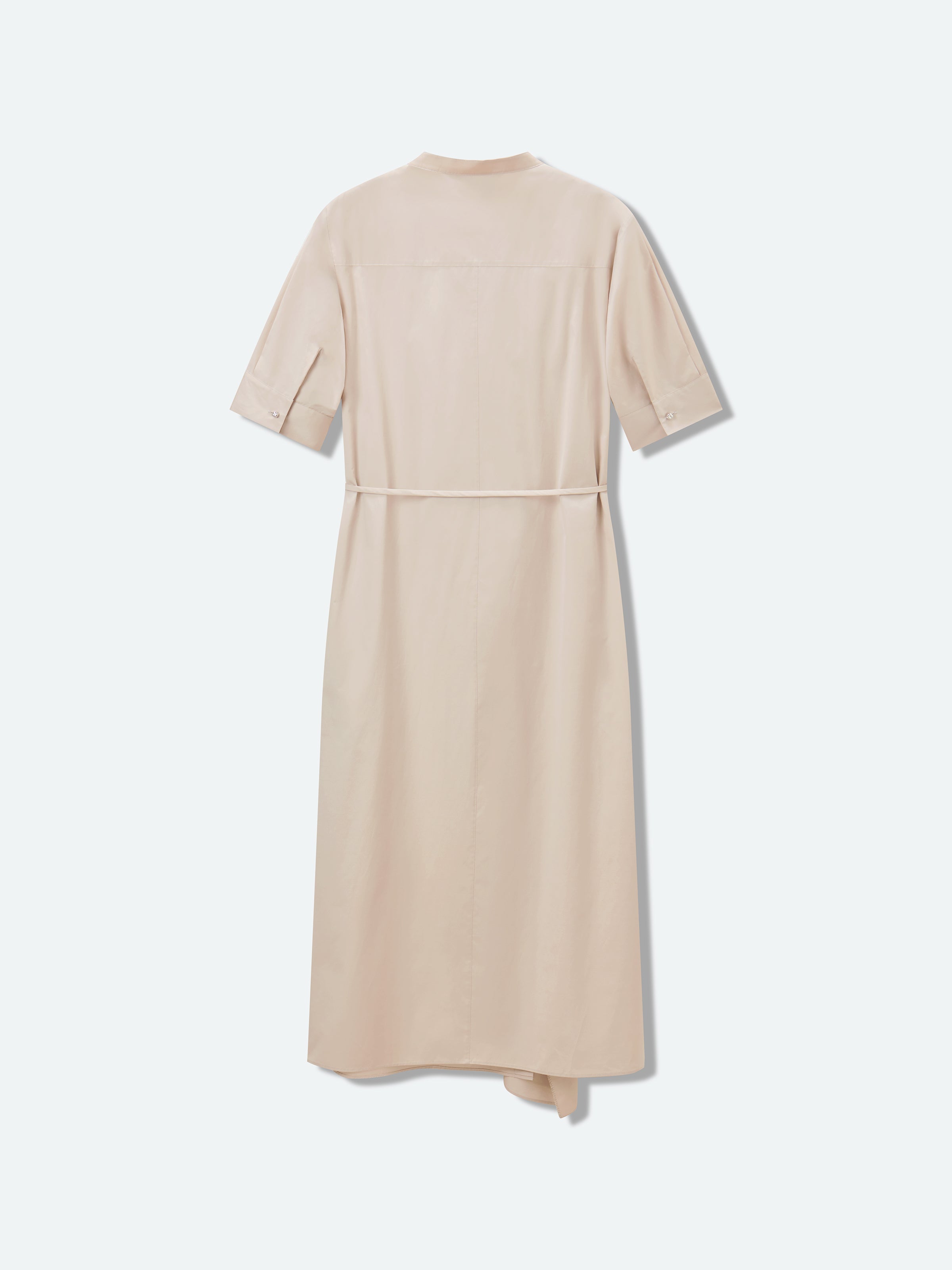 Light Khaki Cotton Poly A-Line Tie Neck Shirt Dress