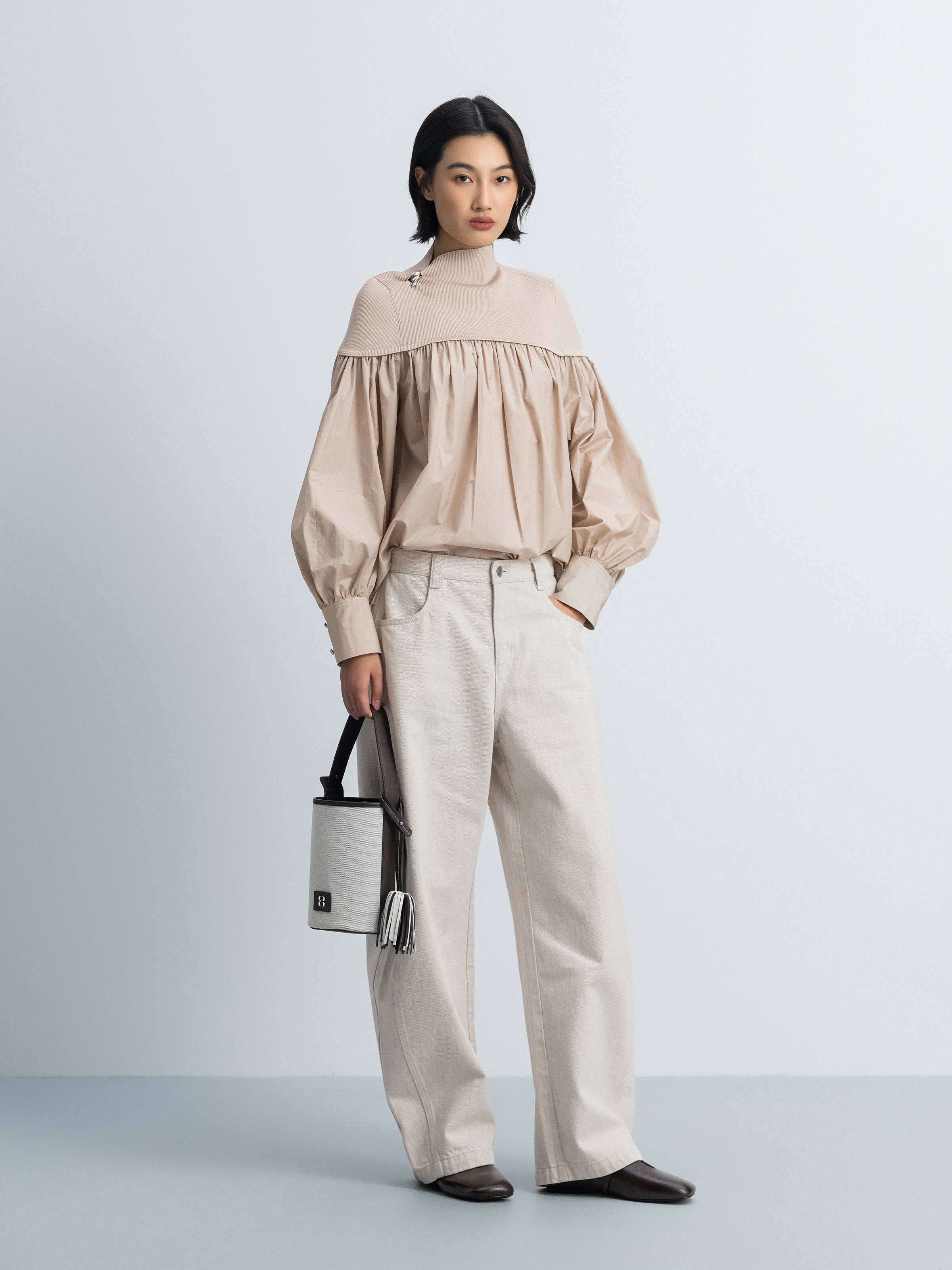 Beige Cotton Poly Viscose Spliced Ruched Long-Sleeve Top