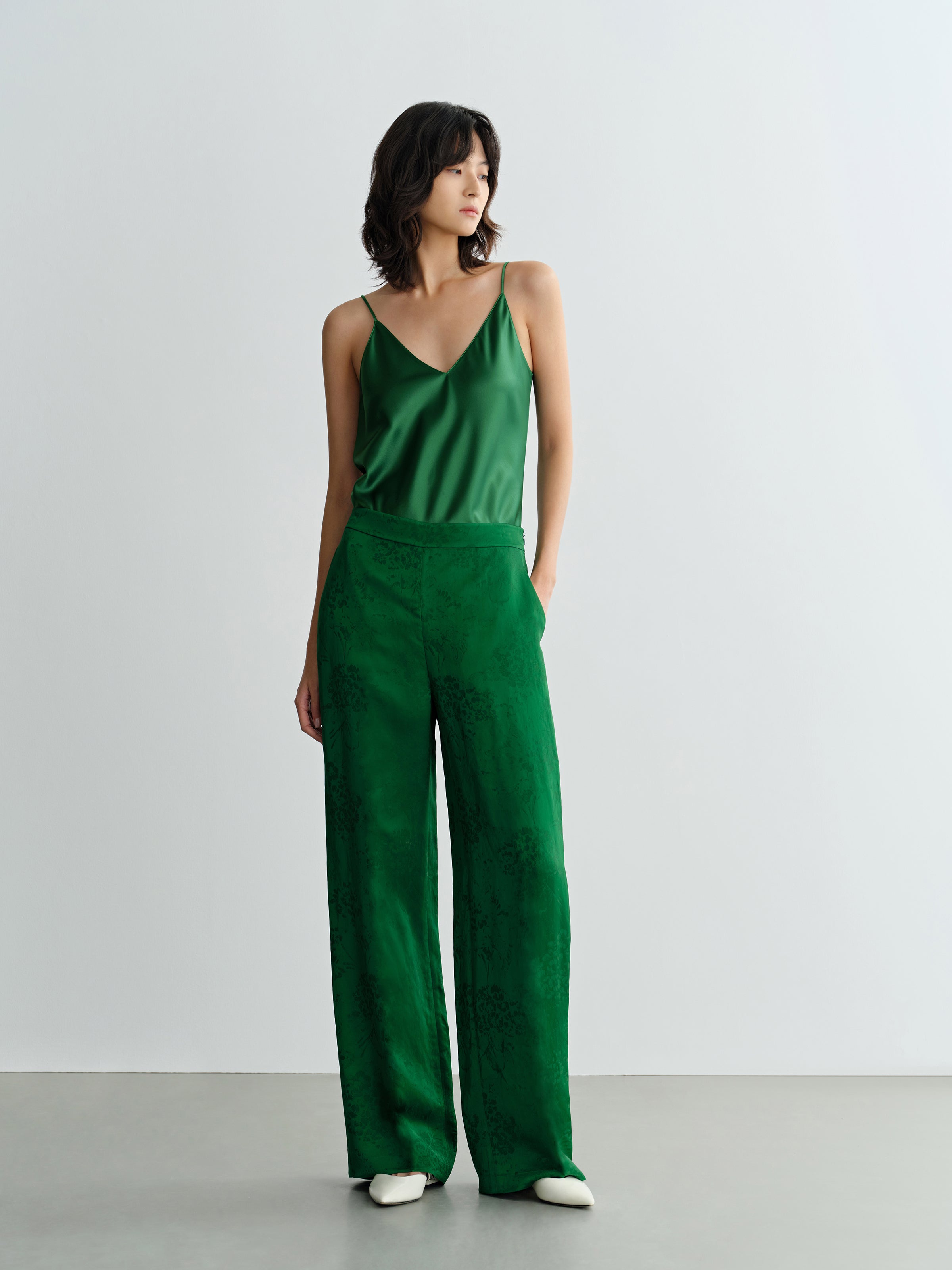 Green Acetate V-Neck Draped Neckline Camisole