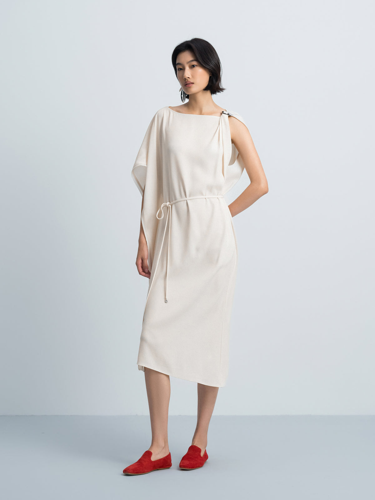Cream White Acetate Satin Boat Neck Asymmetric Dress