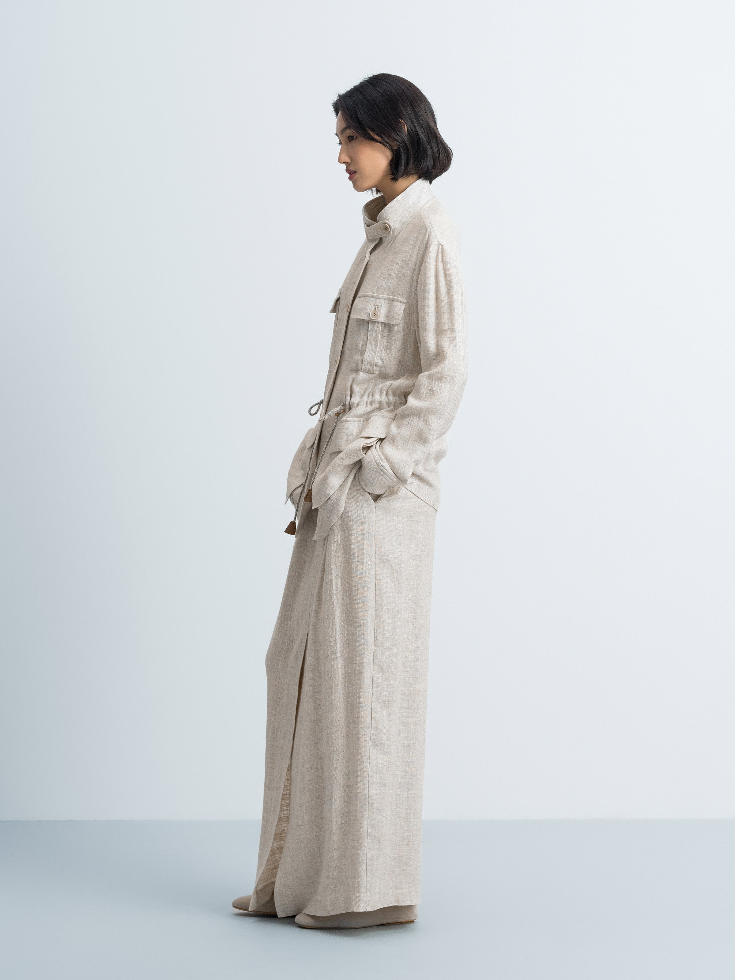 Beige Shimmering Linen Viscose Drawstring Stand Collar Jacket