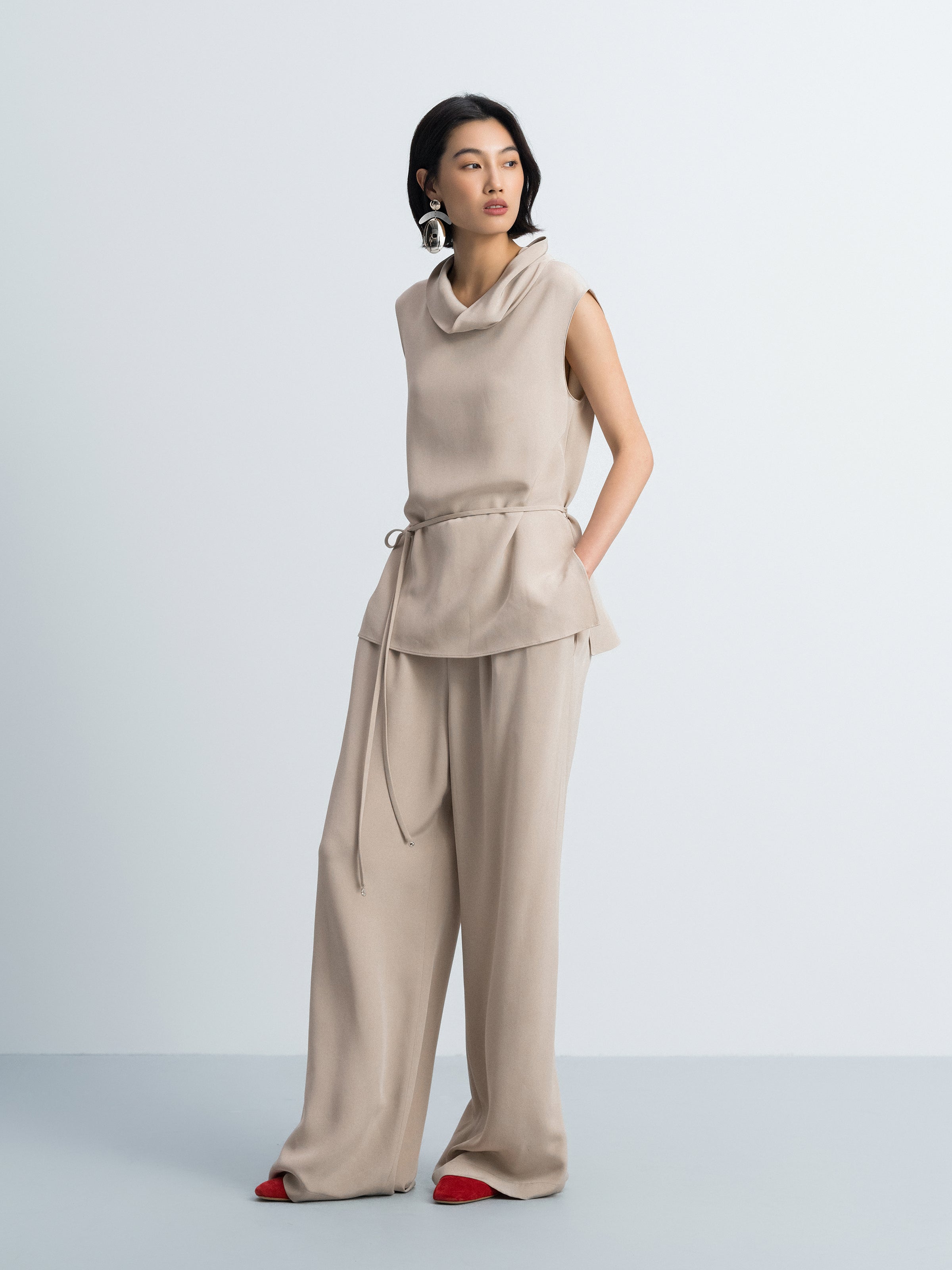 Light Khaki Mulberry Silk Double Pleat Wide-Leg Trousers