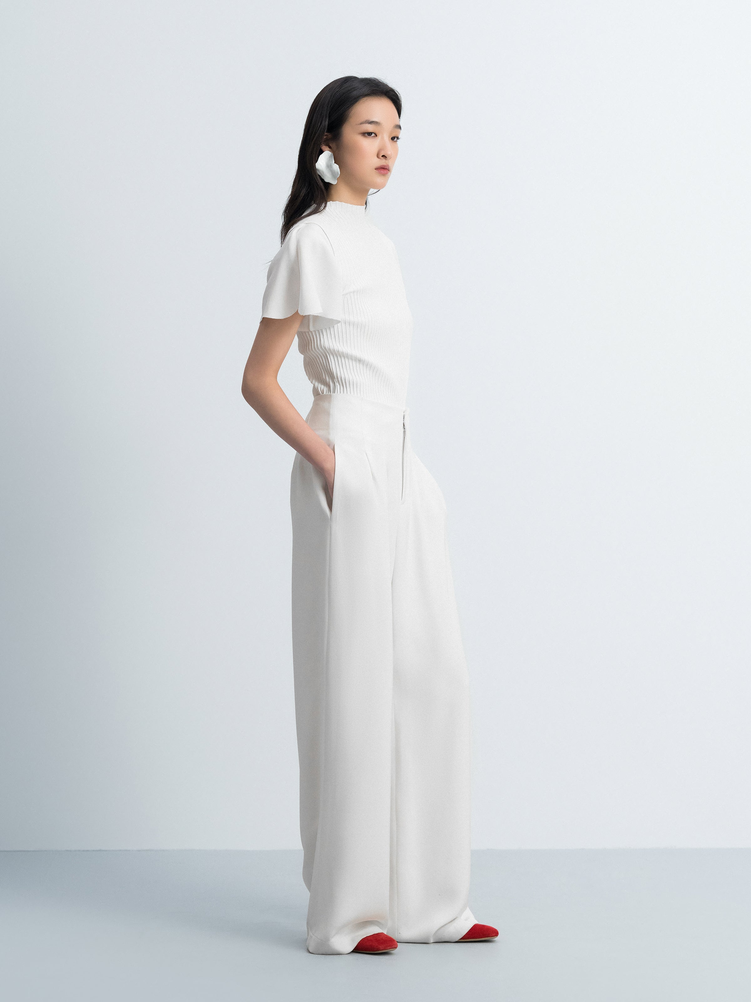 Cream White Mulberry Silk Double Pleat Wide-Leg Trousers