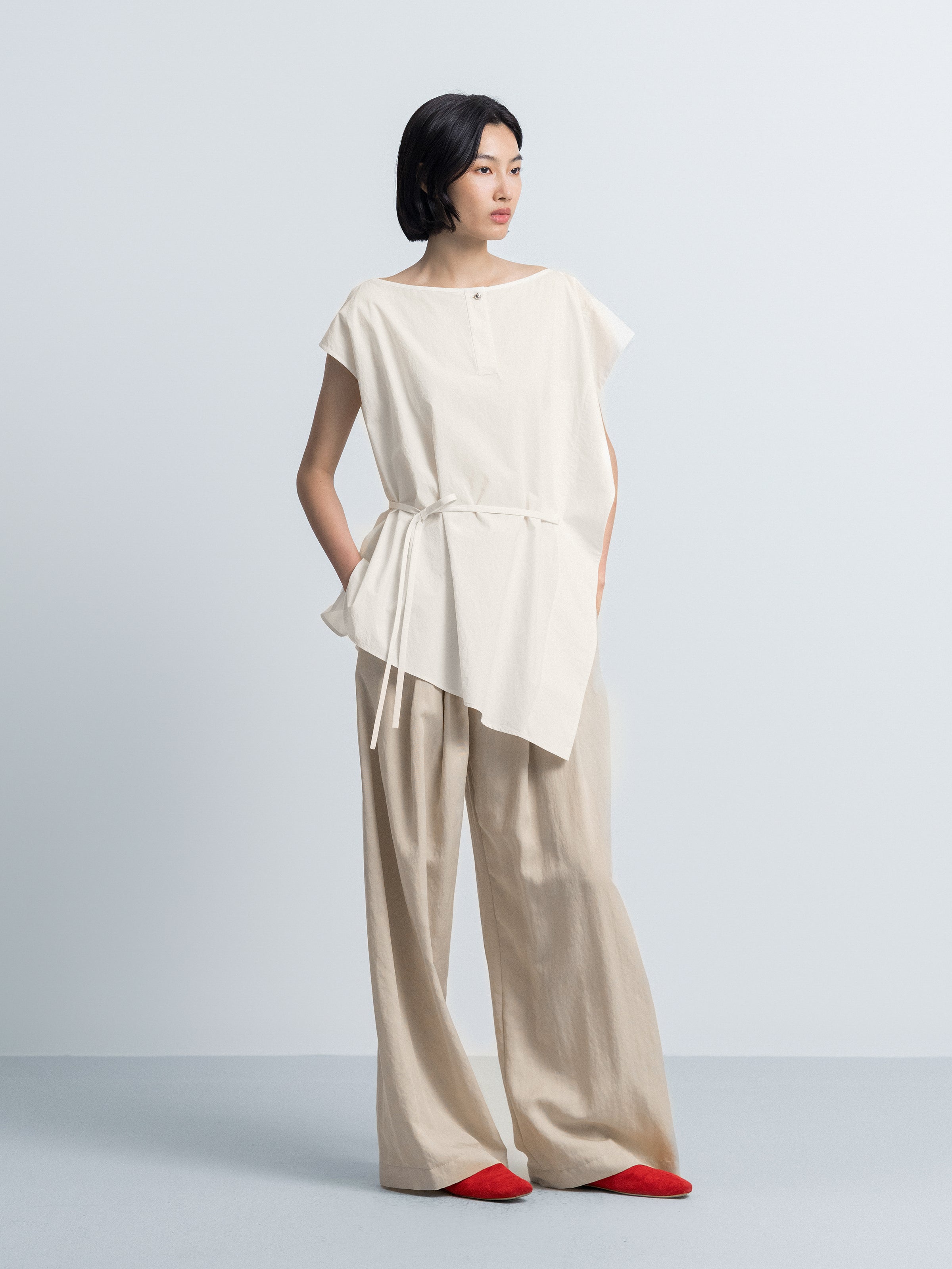 Cream White Pima Cotton Asymmetric Belt Waist Sleeveless Top