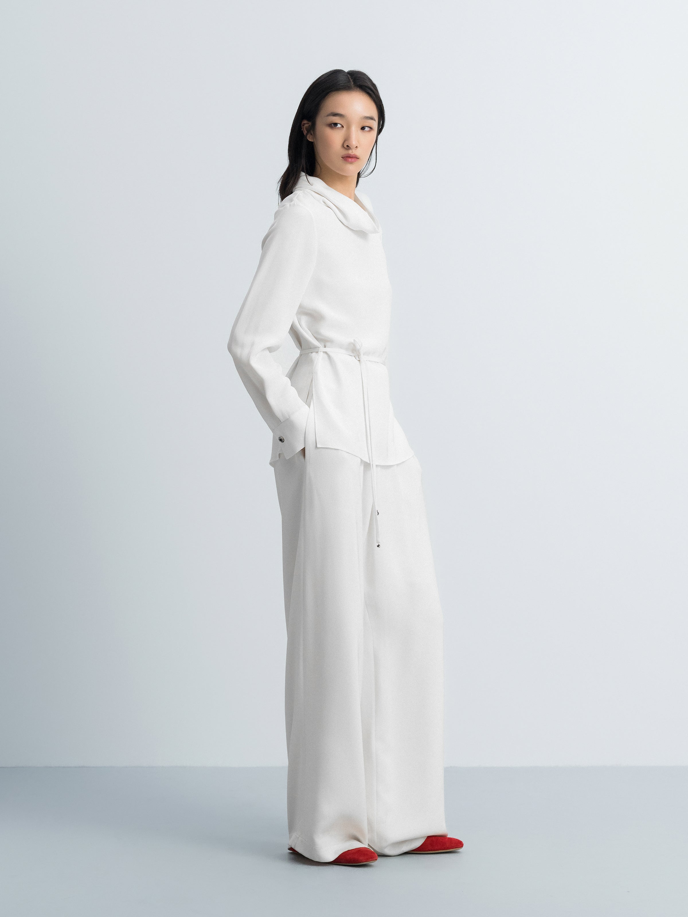 Cream White Mulberry Silk Drawstring Waist Long-Sleeve Top