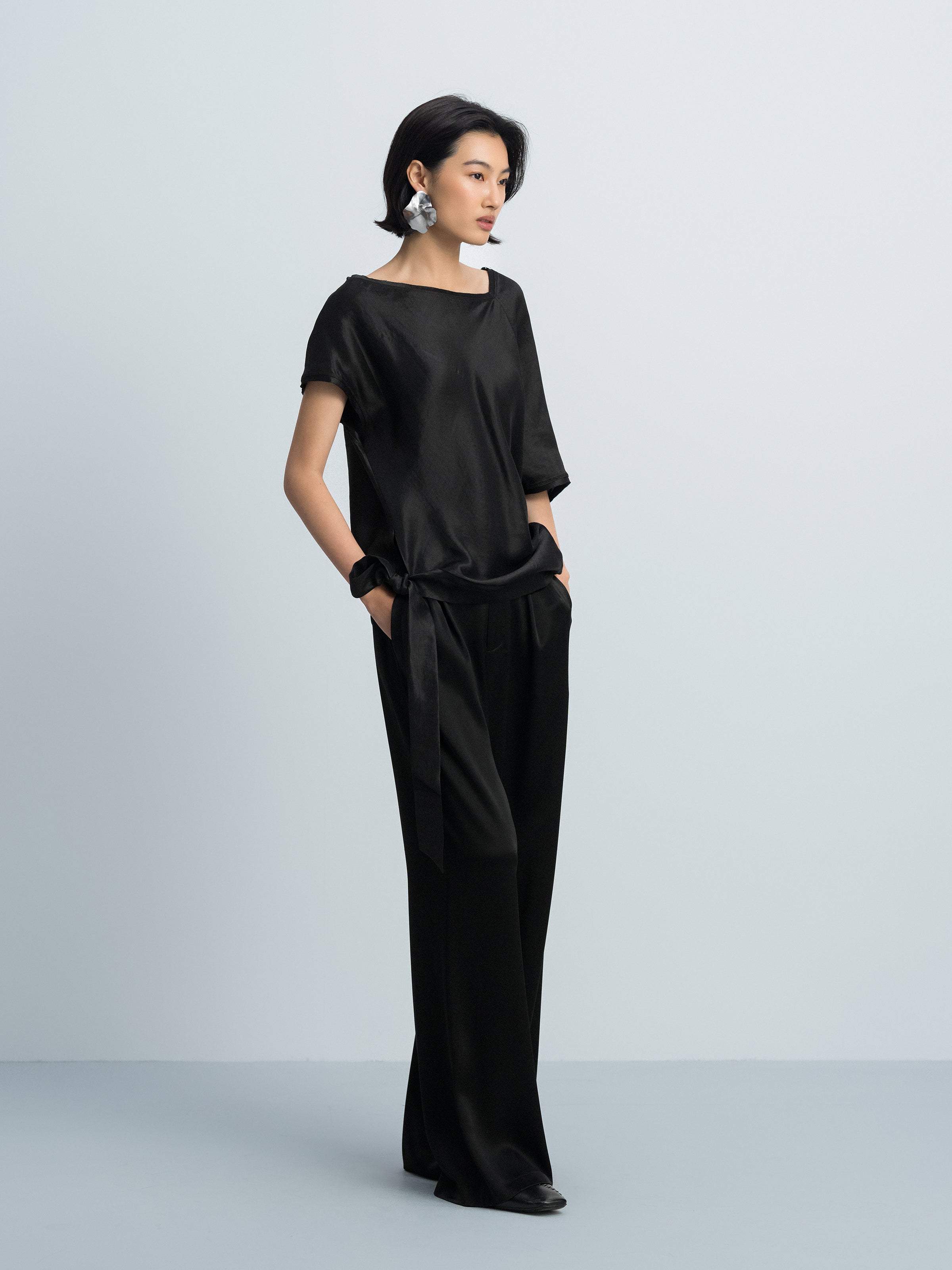 Black Water Wave Satin High-Waist Wide-Leg Trousers