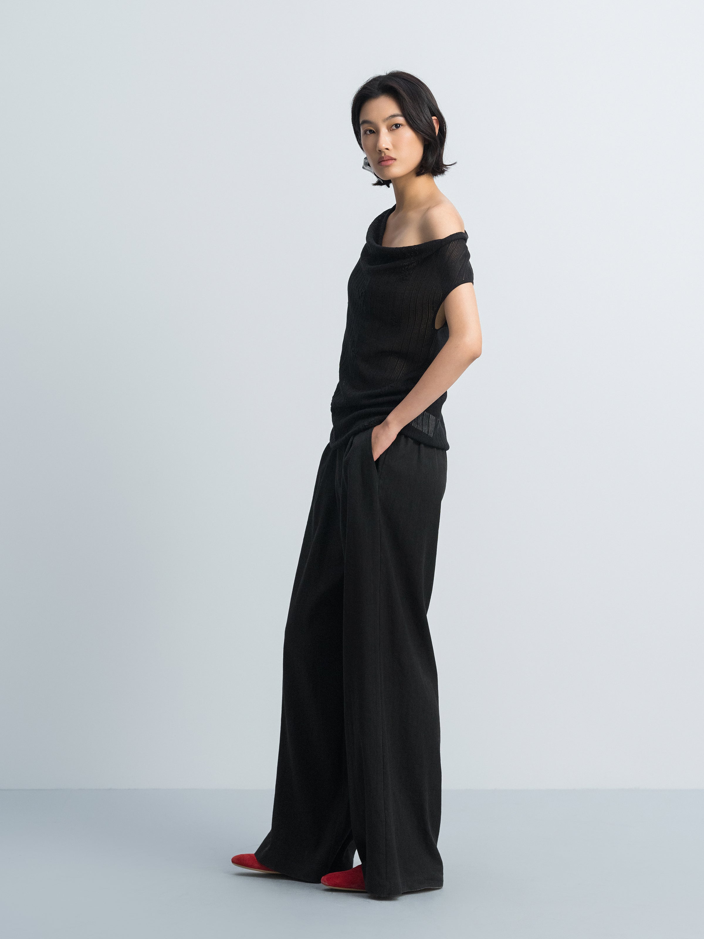 Black Triacetate Tencel One-Shoulder Jacquard Knit Sweater
