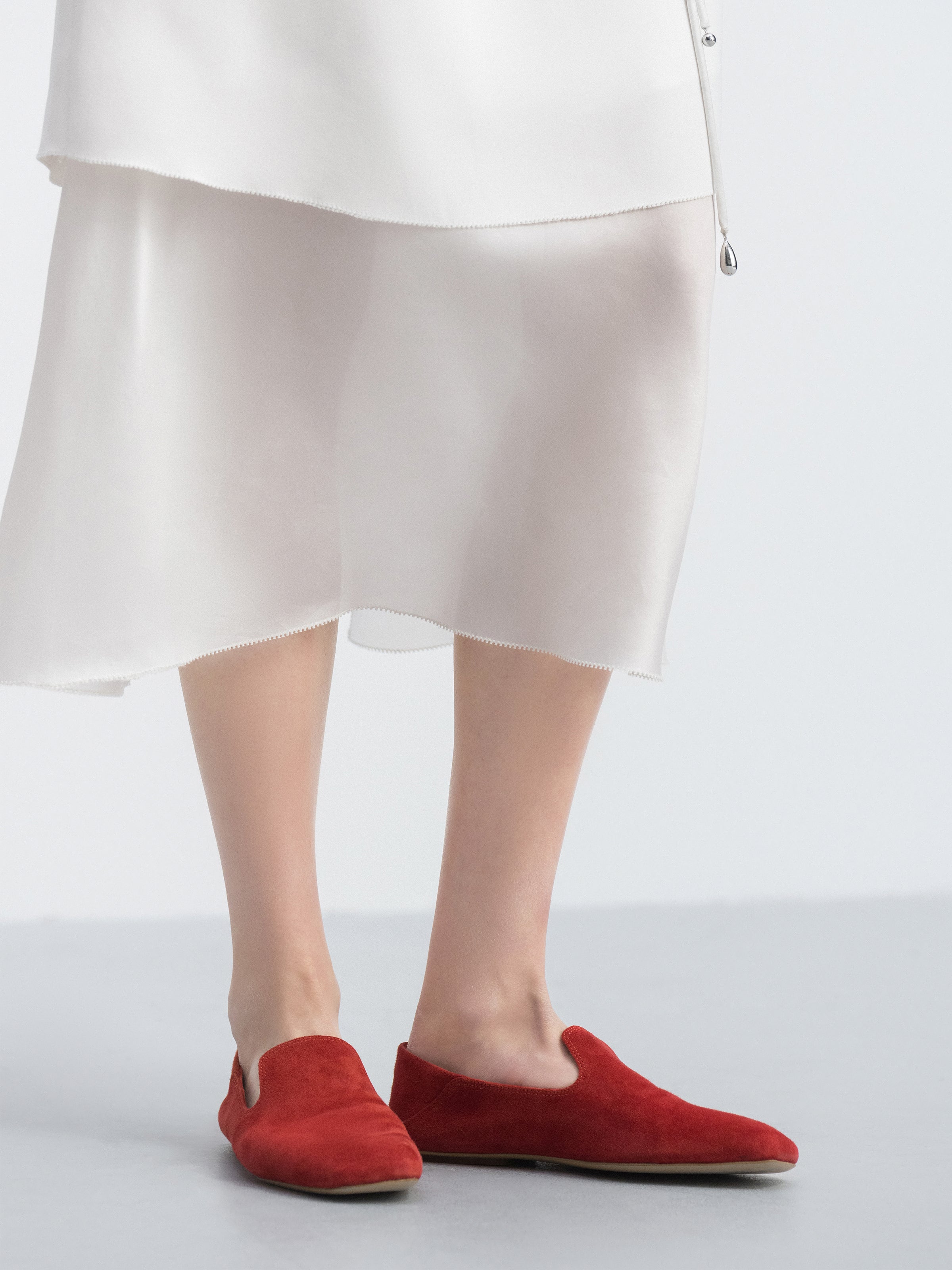 Bright Red Suede Goatskin U-Cut Square Toe Loafer Flats