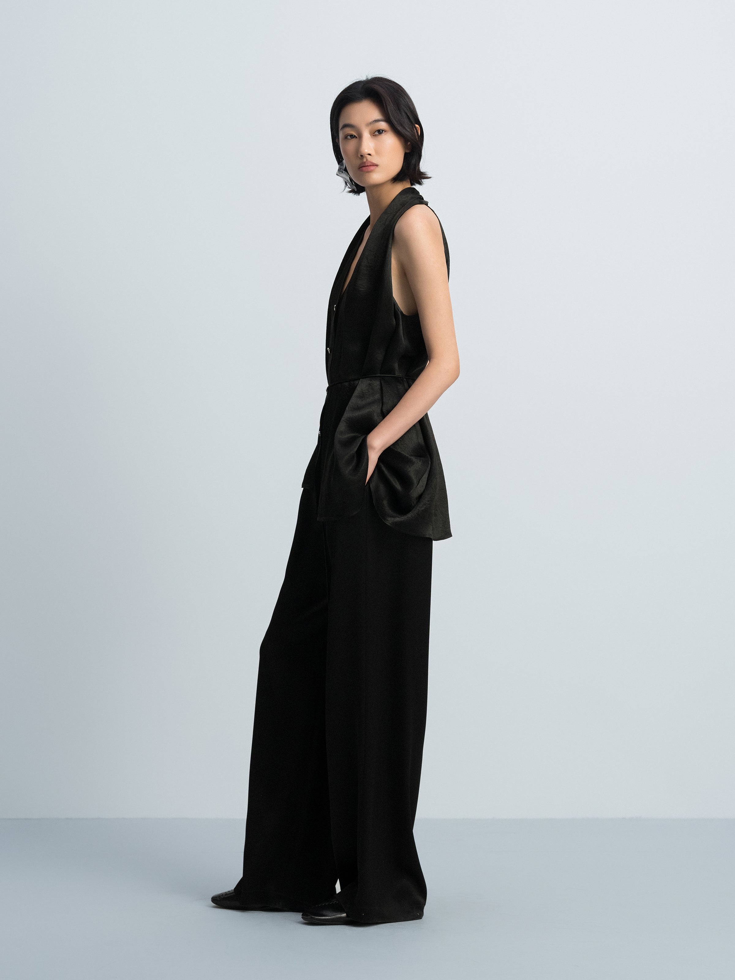 Black Acetate Satin Halter V-Neck Belt Waist Sleeveless Top