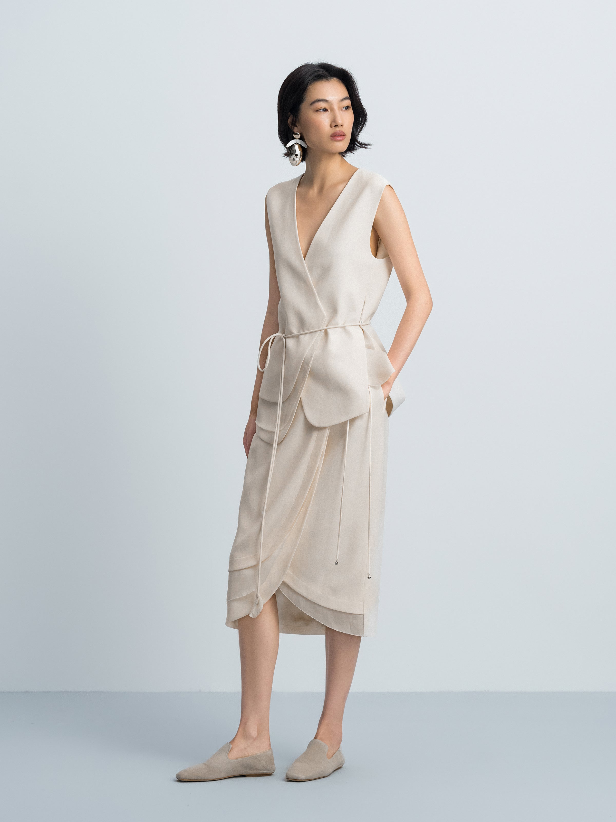 Cream White Triacetate Mesh Cocoon Tassel Tie Midi Skirt
