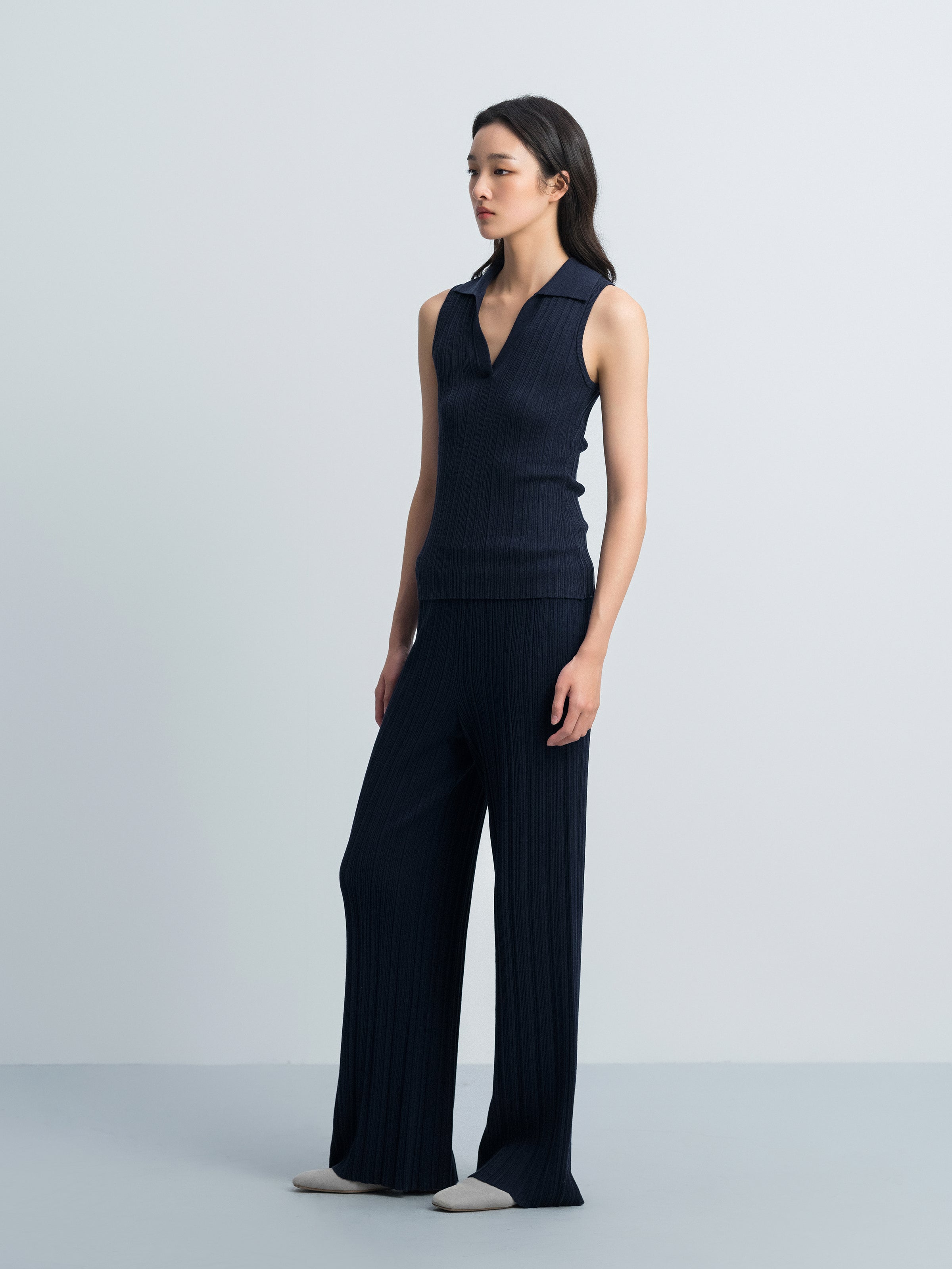 Navy Blue Tencel Acetate Vertical Rib Fitted Slim Sweater