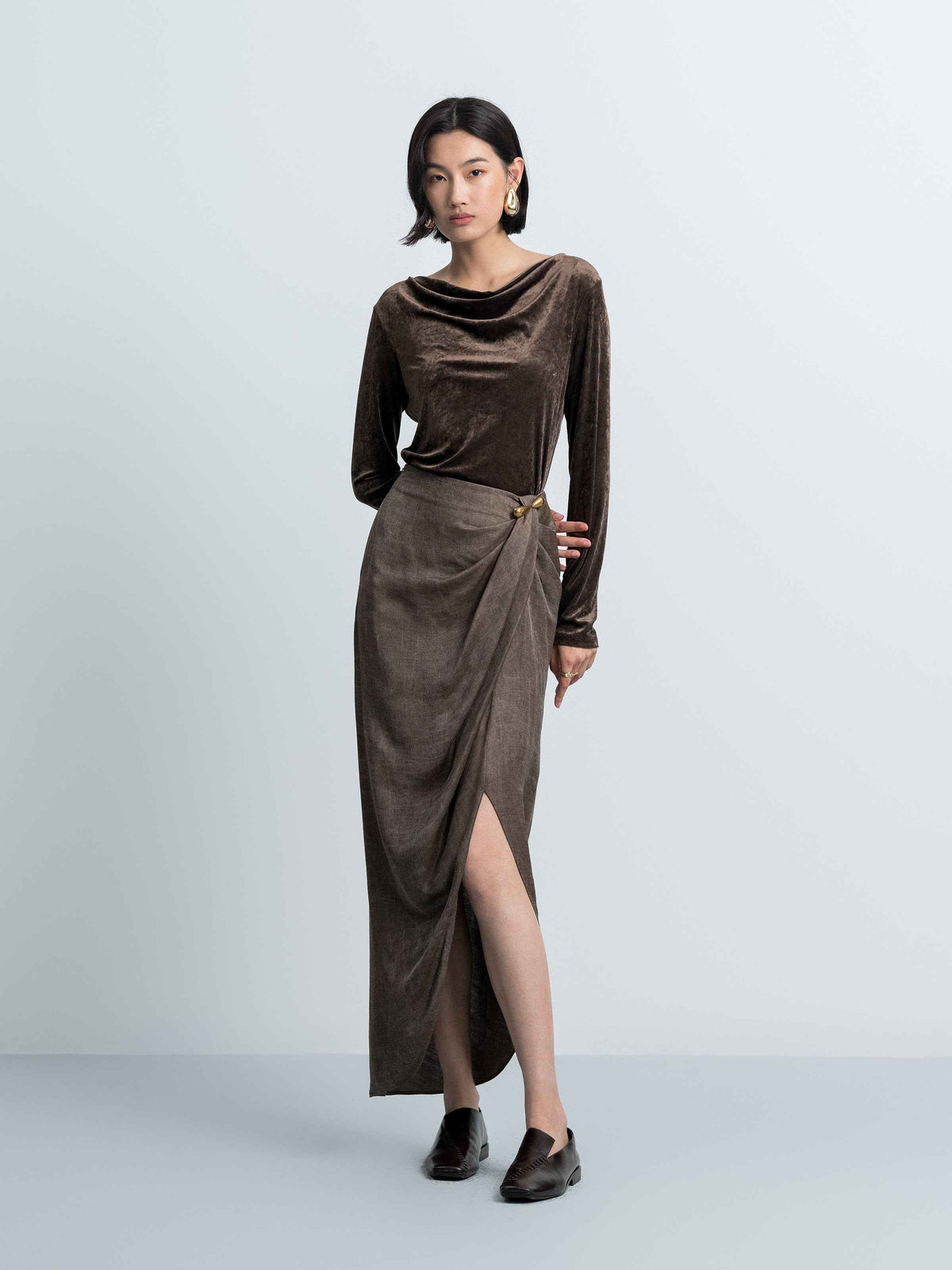 Asymmetrical Pinched‑pleat Midi Skirt