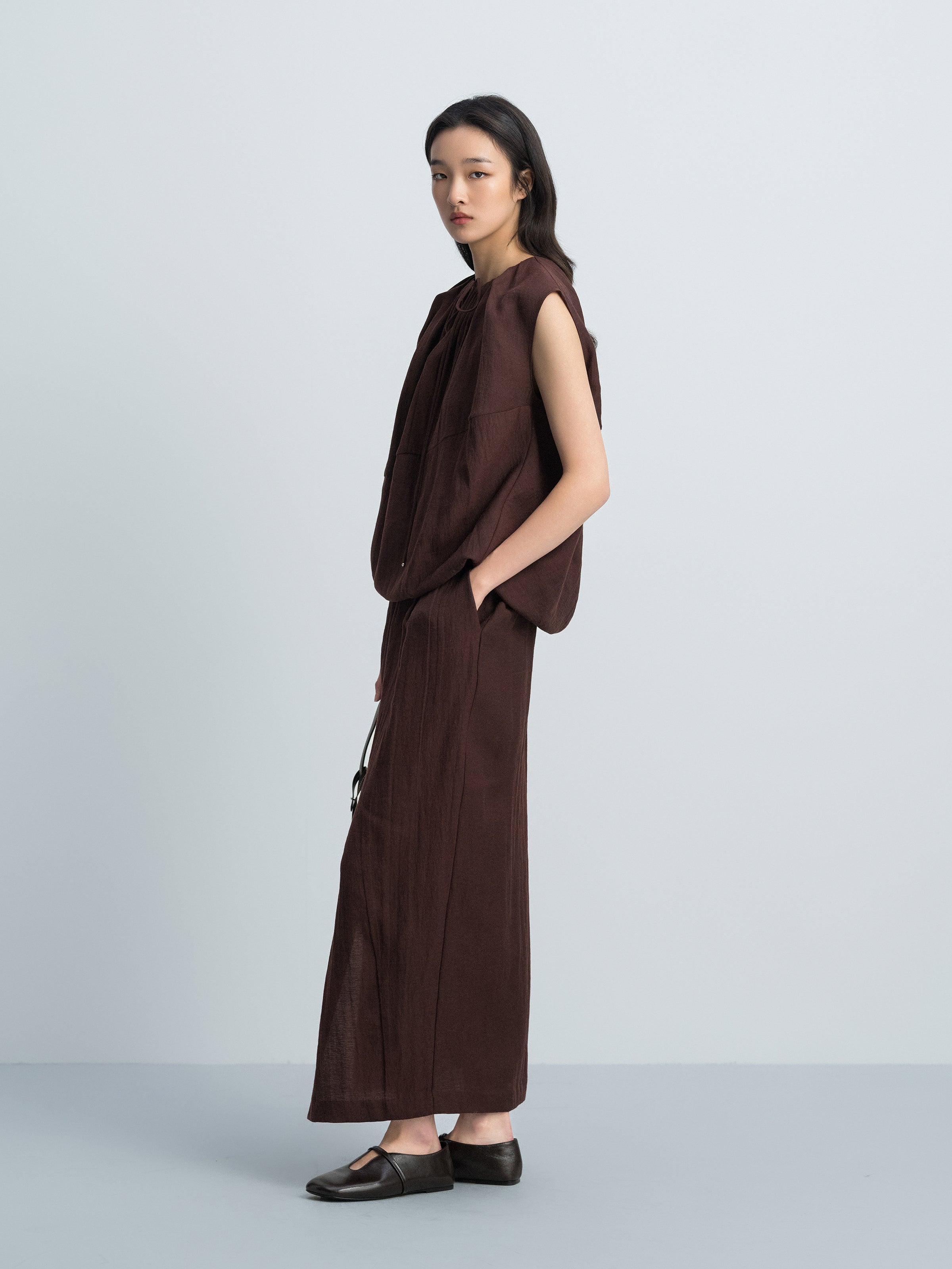 Coffee Brown Linen Blend Front Slit Elastic Long Skirt
