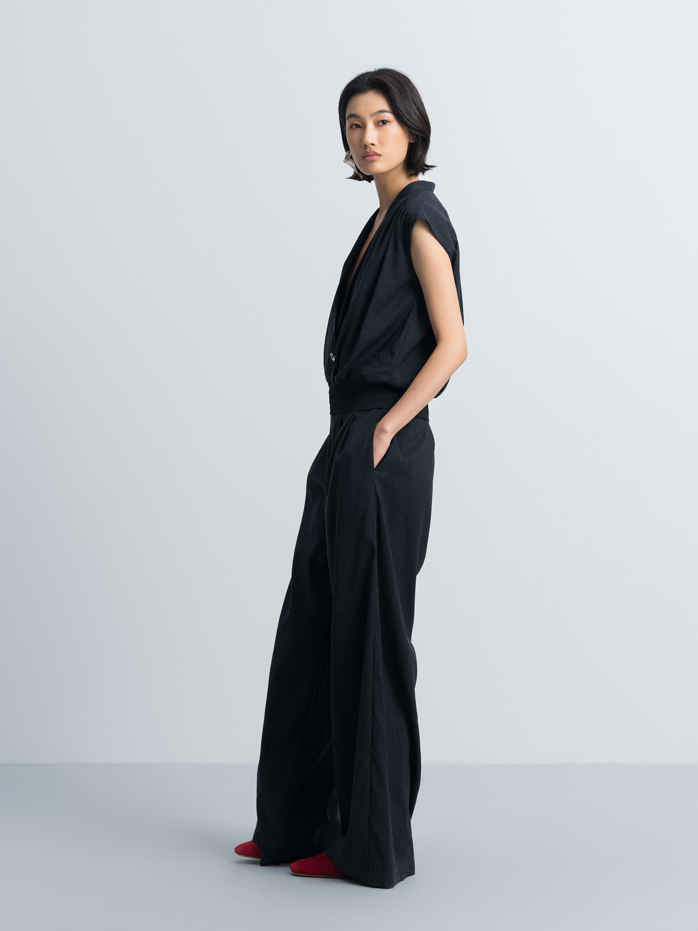 Navy Blue Linen Blend Double Pleat Wide-Leg Trousers