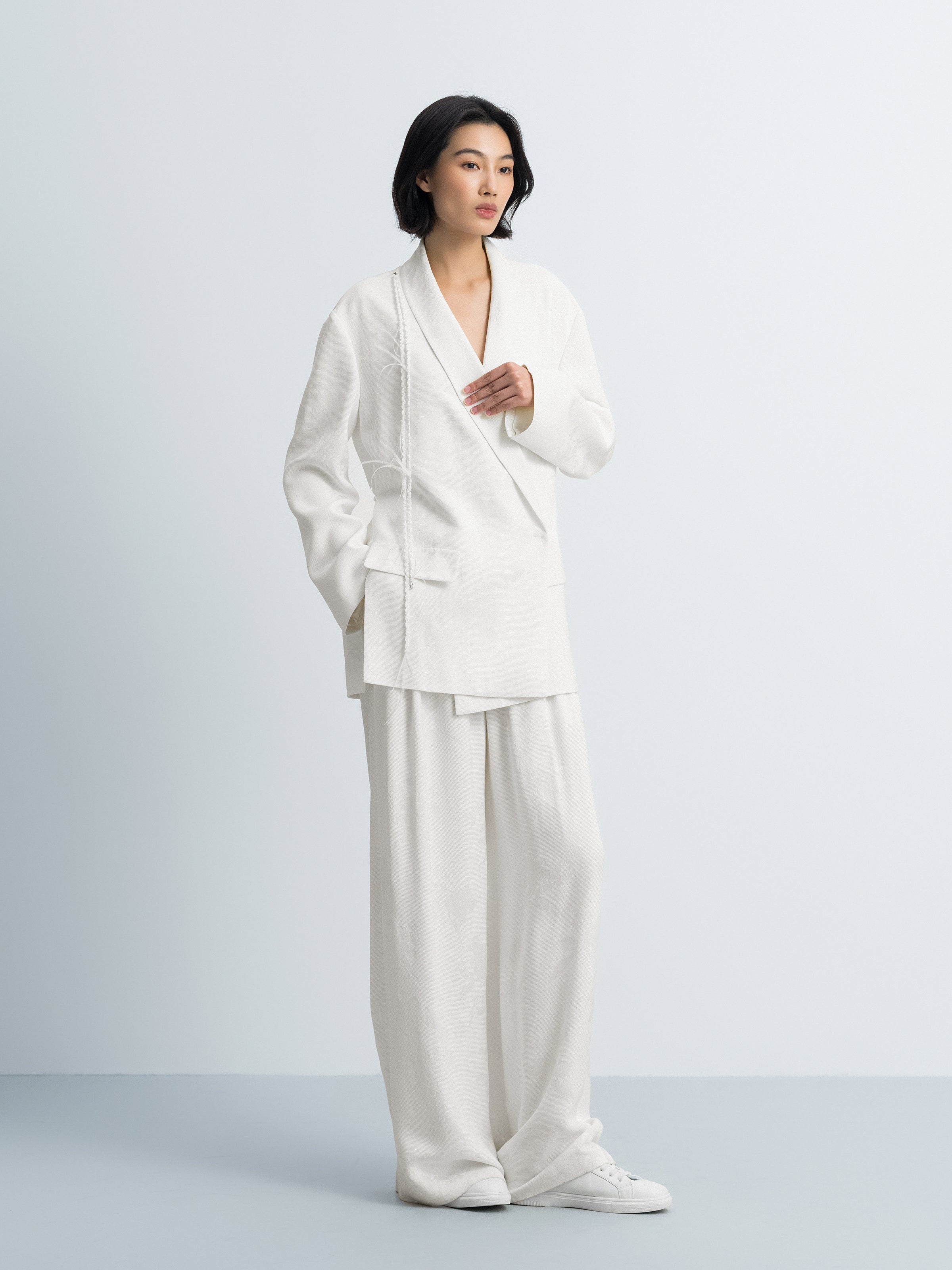 Cream White Rayon Jacquard Shawl Collar Oversized Blazer
