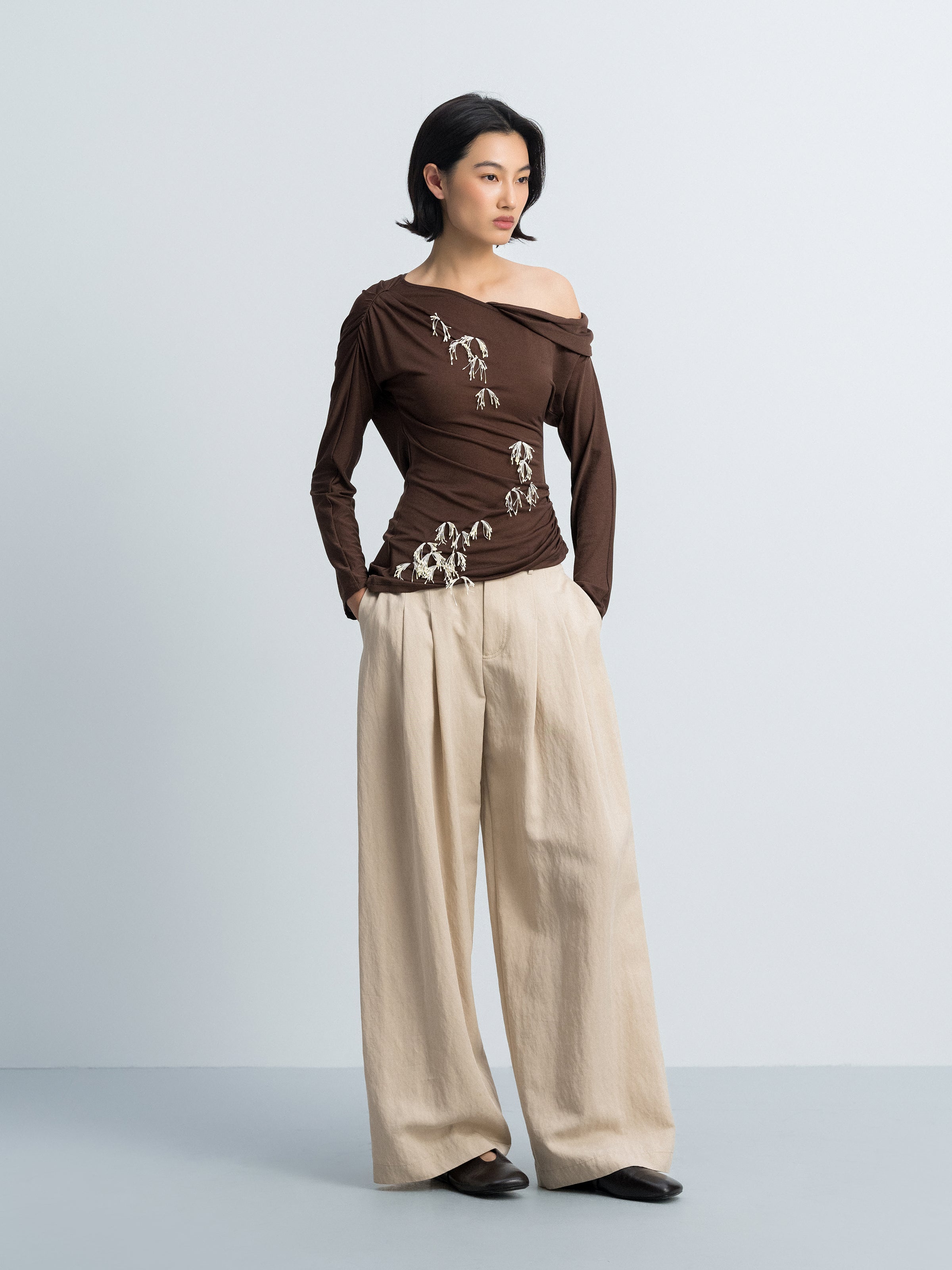 Brown Acetate Poly Knit Shoulder Ruching Diagonal Hem Top