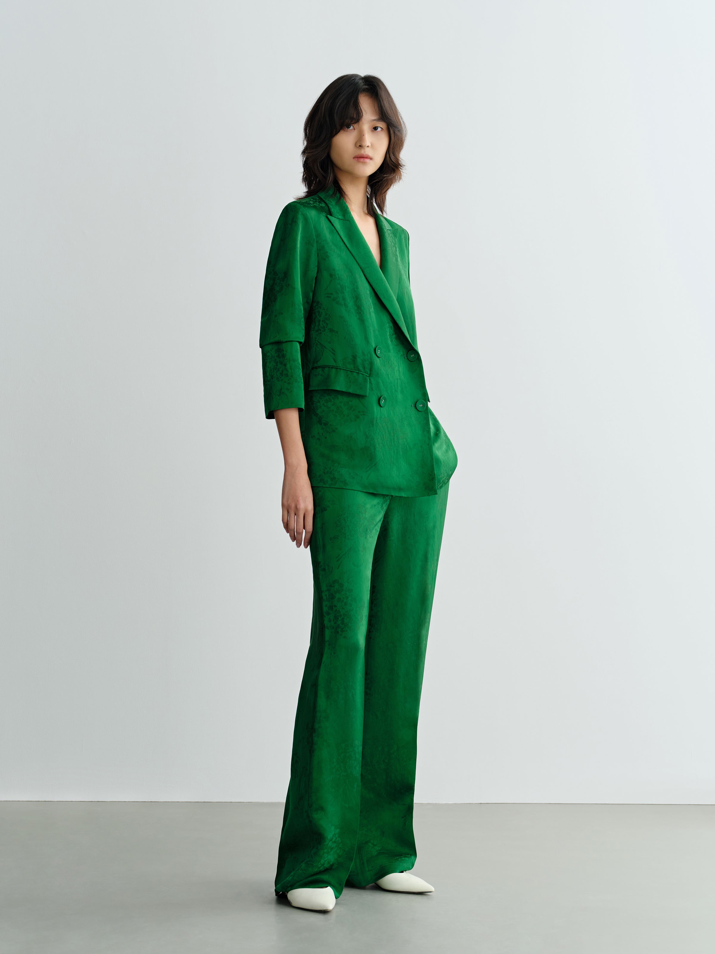 Green Mulberry Silk Jacquard Double Breasted Straight Blazer