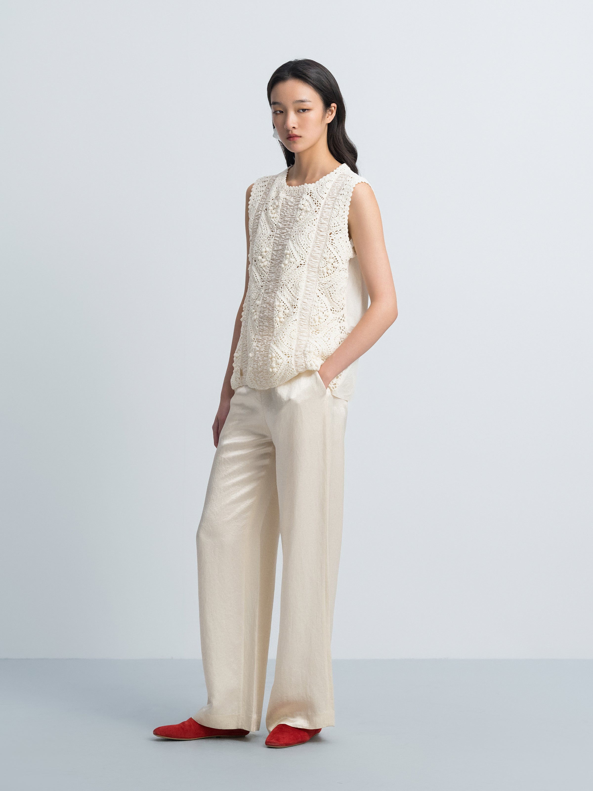 Cream White Pima Cotton Crocheted Flower Straight Sleeveless Top