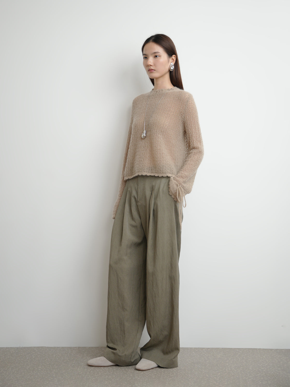 Attached Waist Double Pleat Wide Leg Trousers
