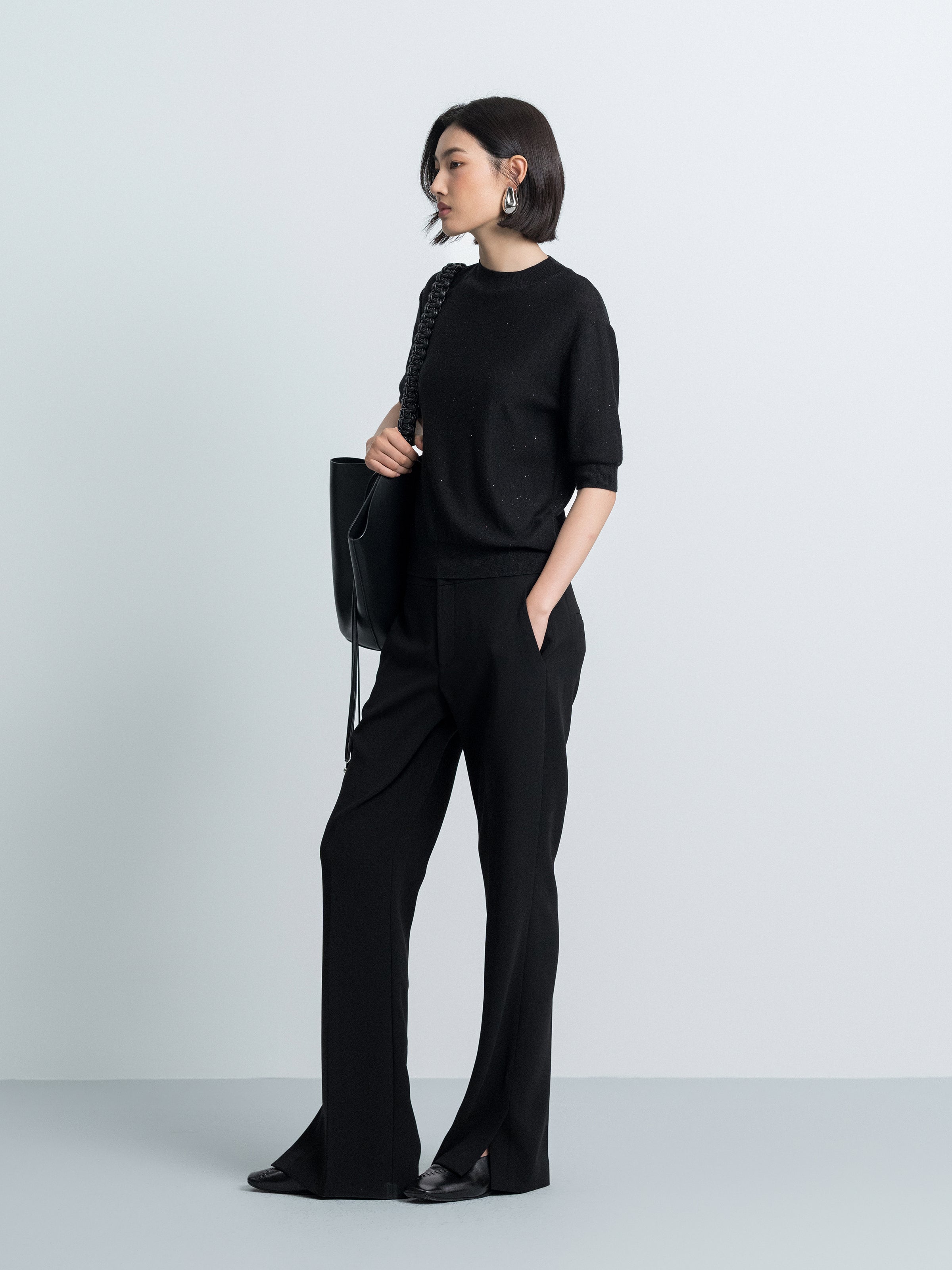Elbow-Sleeve Knit Sweater with Sequin Fabric