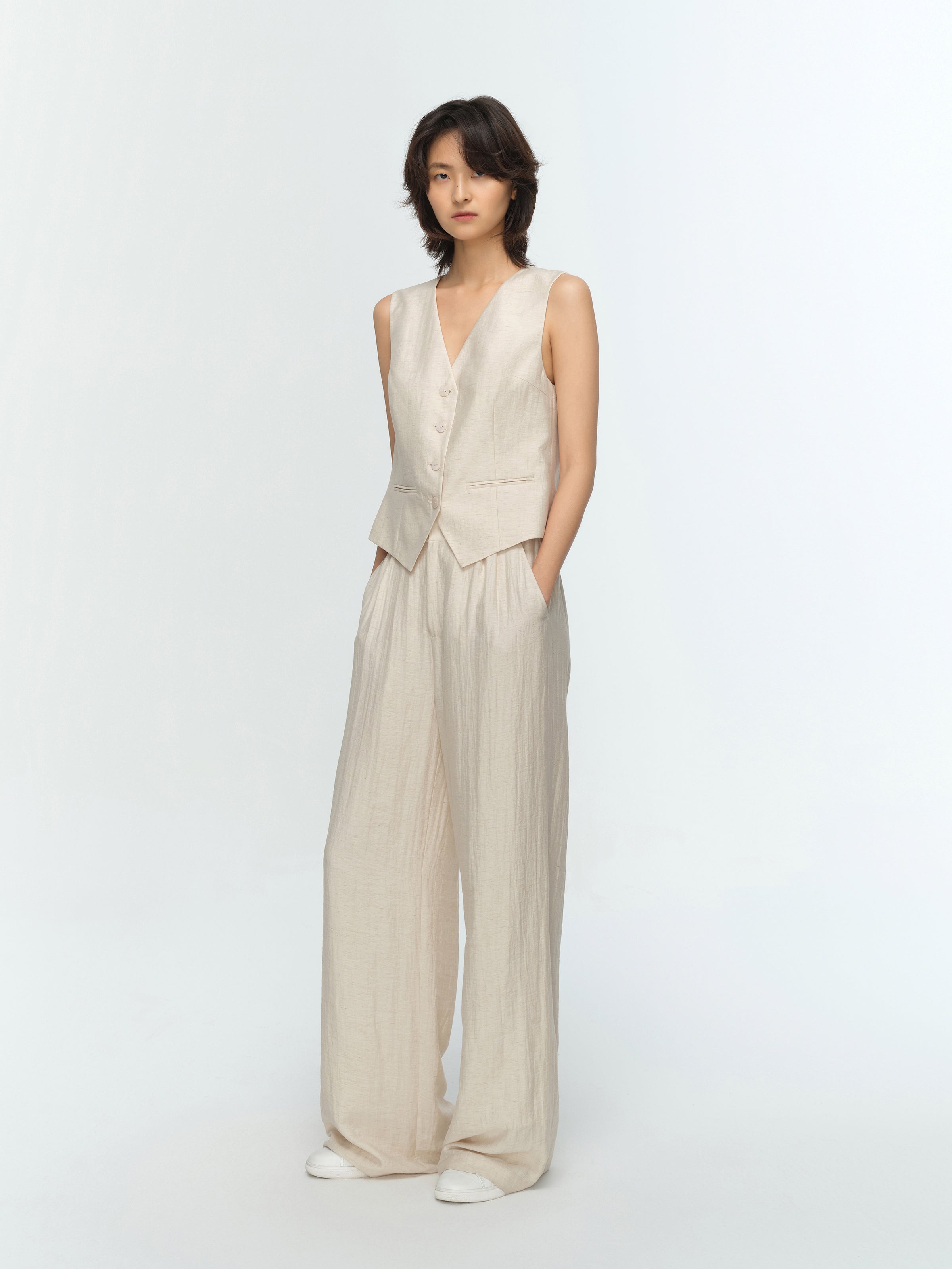 Cream White Linen Elastic Back Wide-Leg Trousers