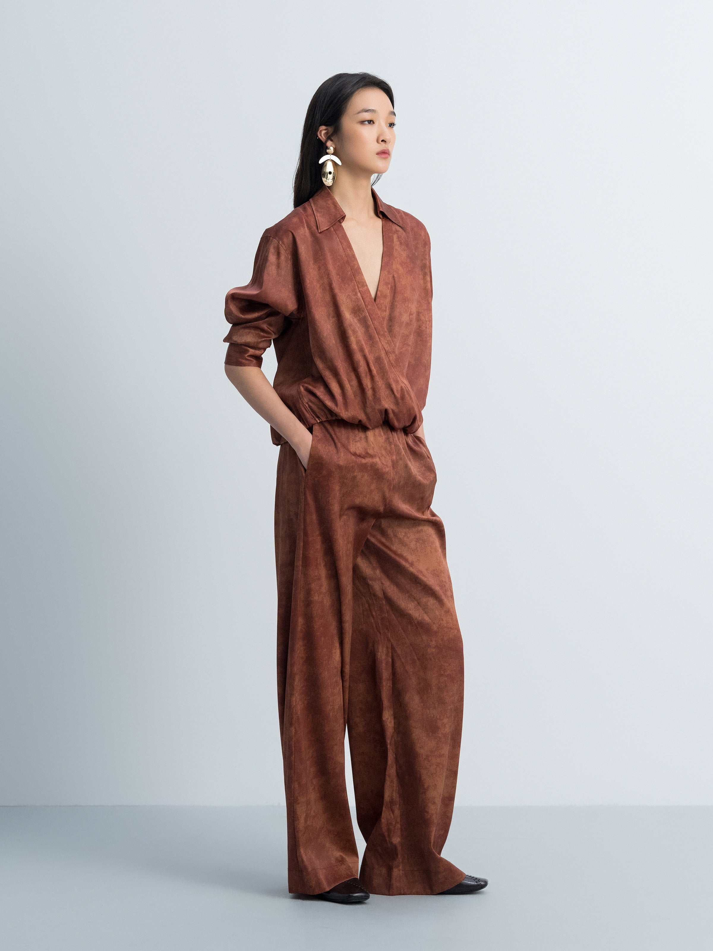 Dark Red Stretch Mulberry Satin Ruched Wide-Leg Trousers