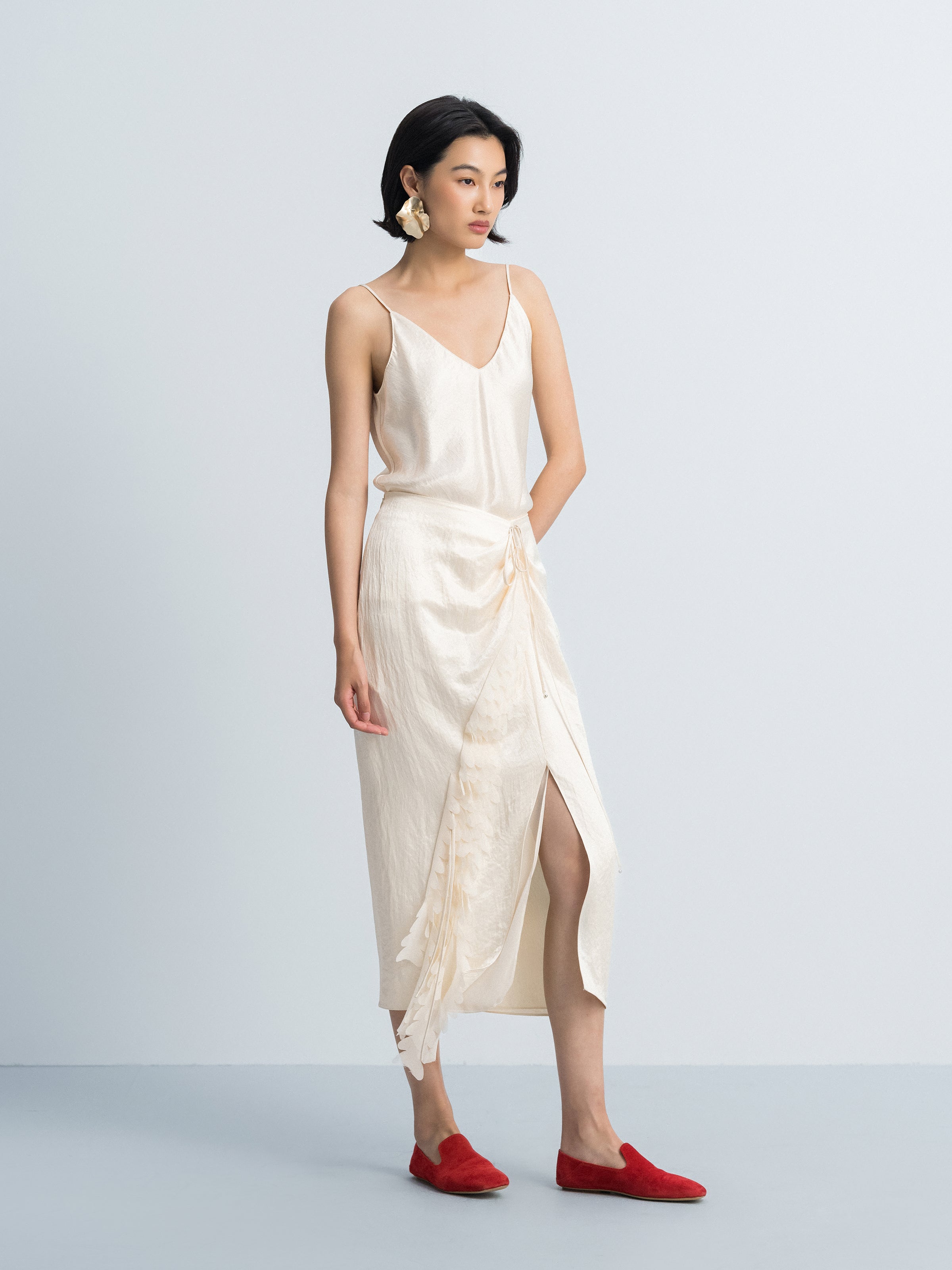 Cream White Acetate Ruched Waist Front Slit Midi Skirt
