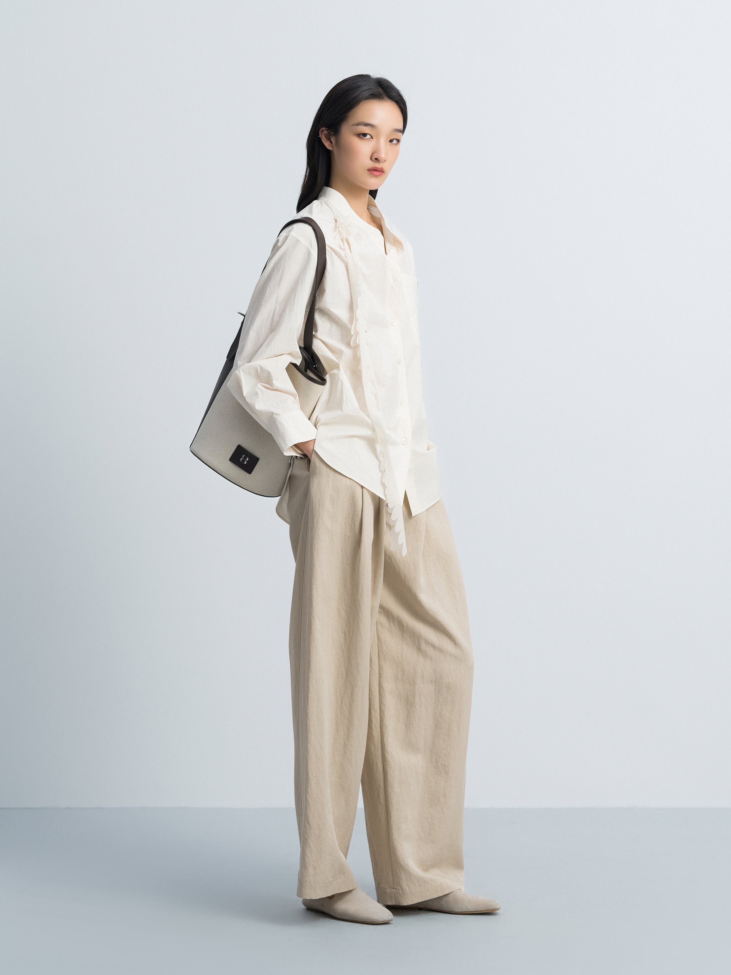 Cream White Washed Pima Cotton Stand Collar Detachable Shirt