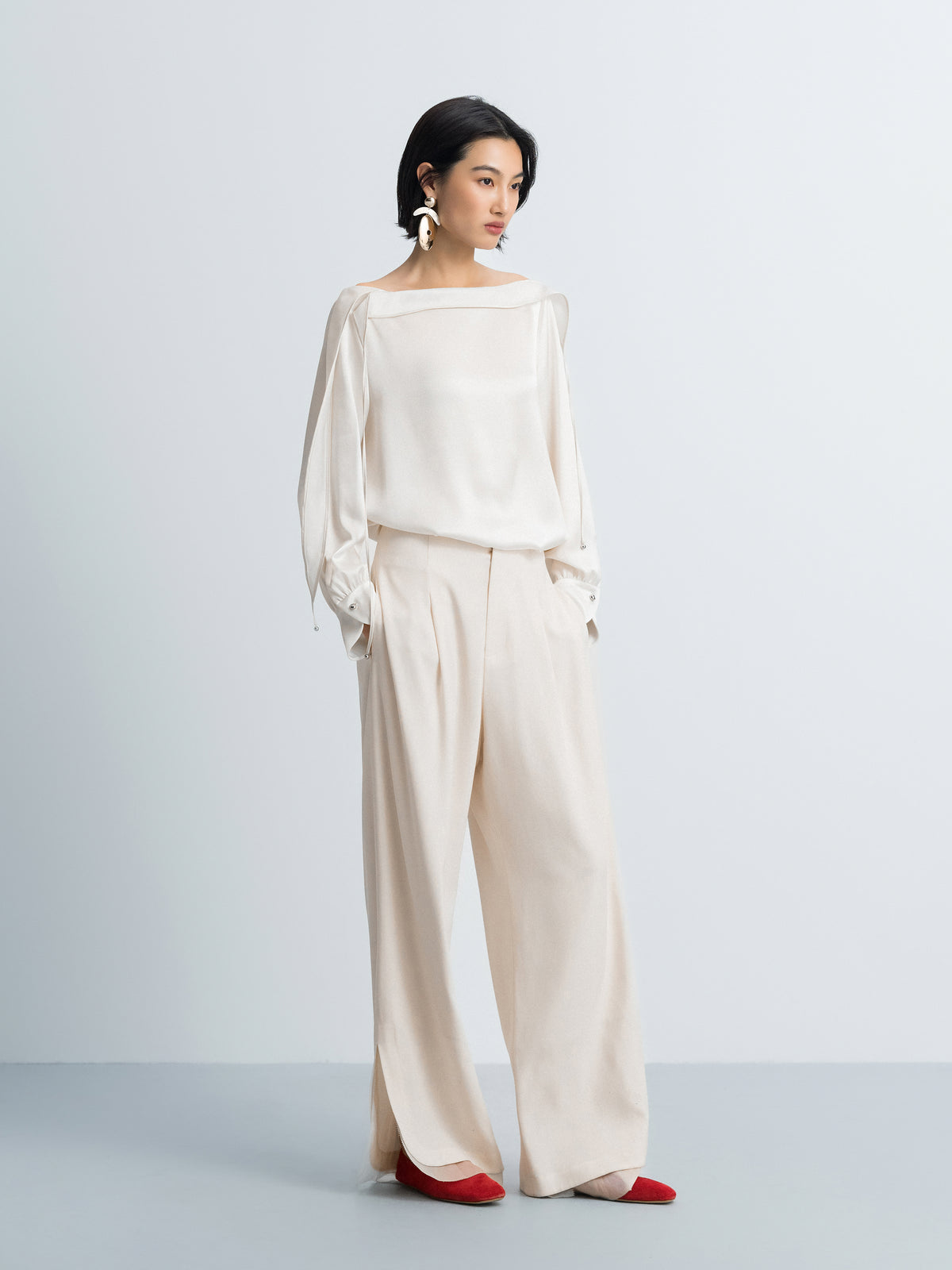Cream White Acetate Satin Boat Neck Crossover Top