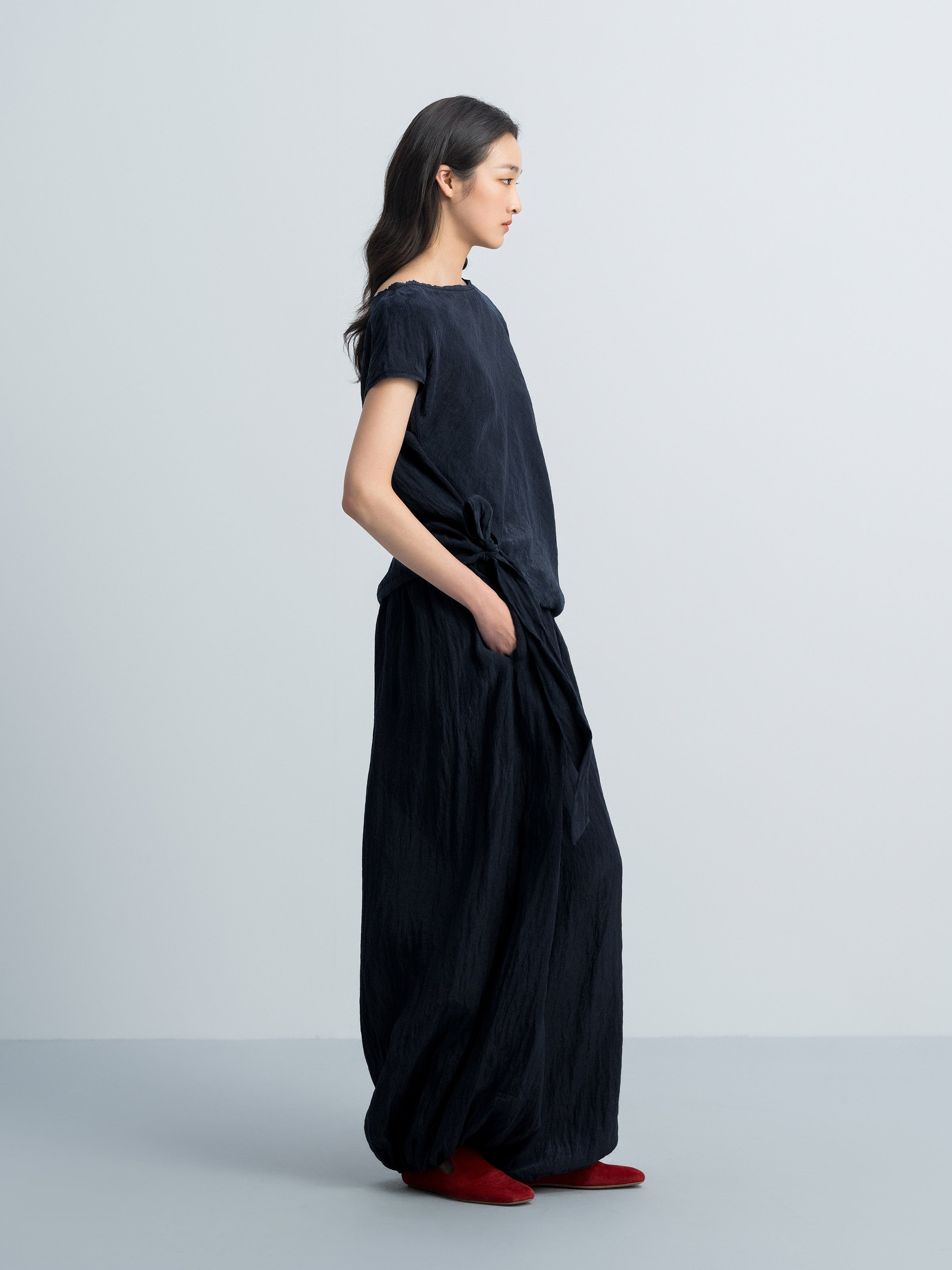 Navy Blue Tencel Snow-Washed Asymmetric Sleeve Cocoon Top