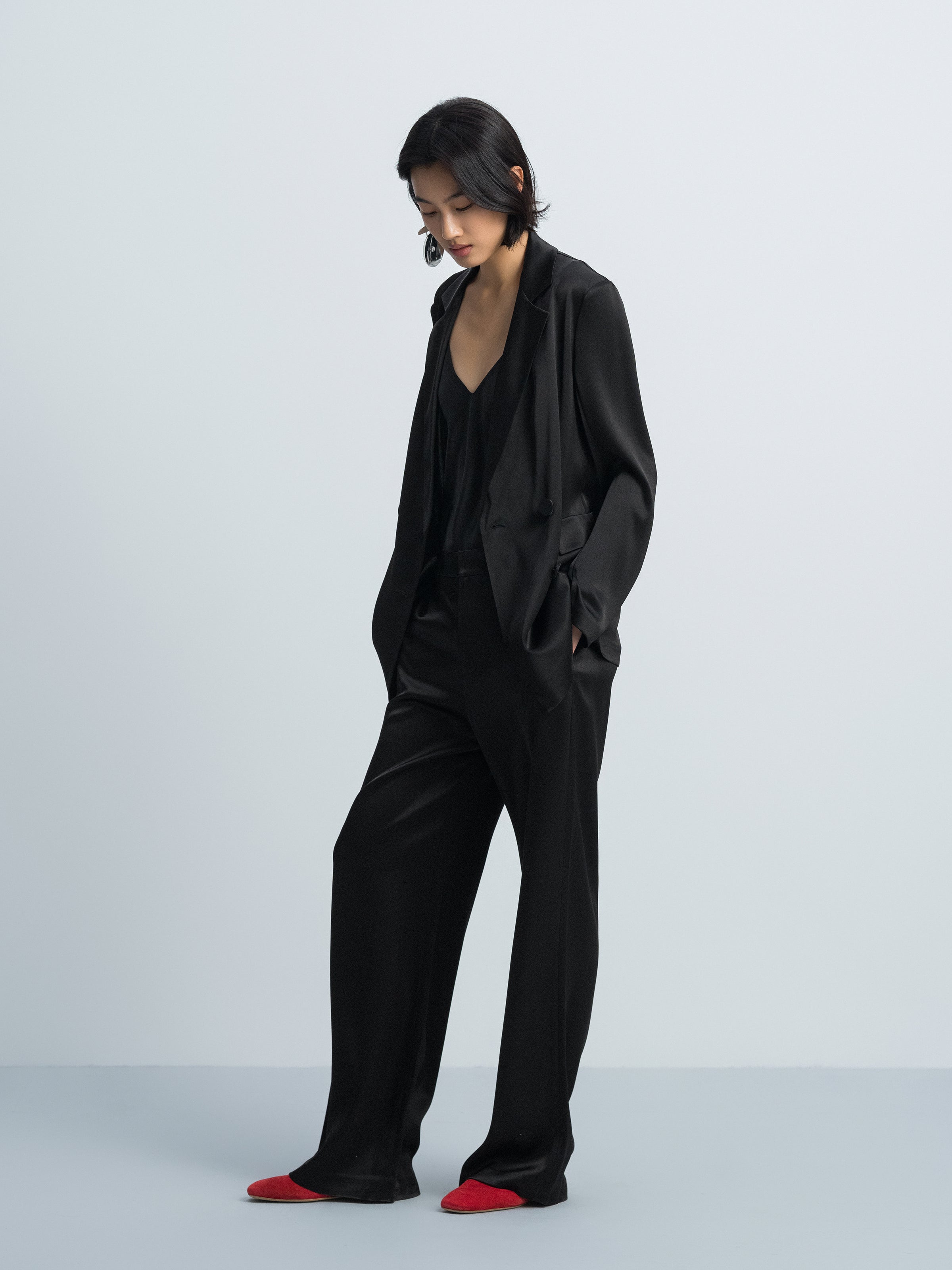 Black Triacetate Satin Classic Straight Blazer