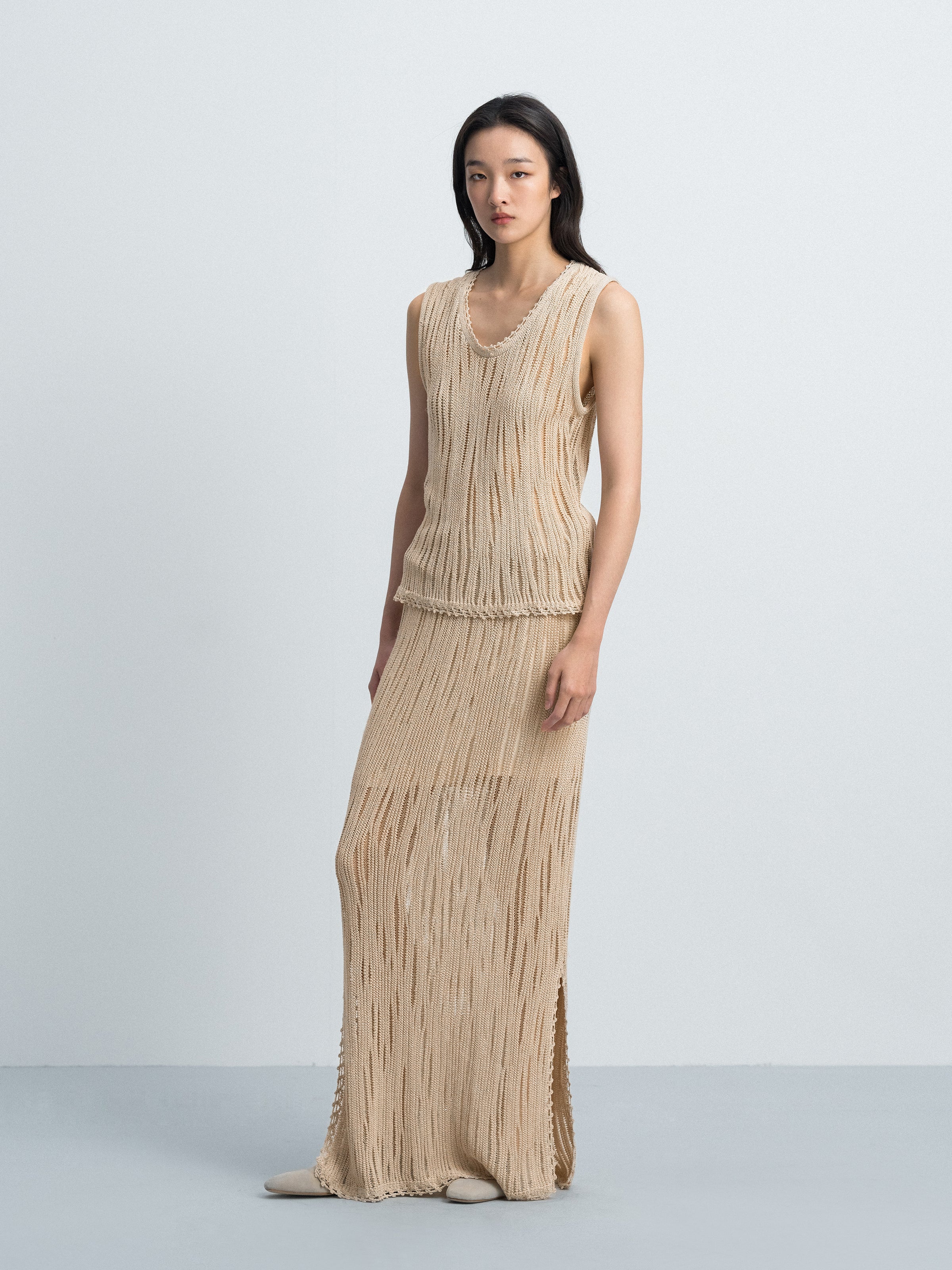Light Khaki Openwork Lace Trim Side Slit Knit Skirt