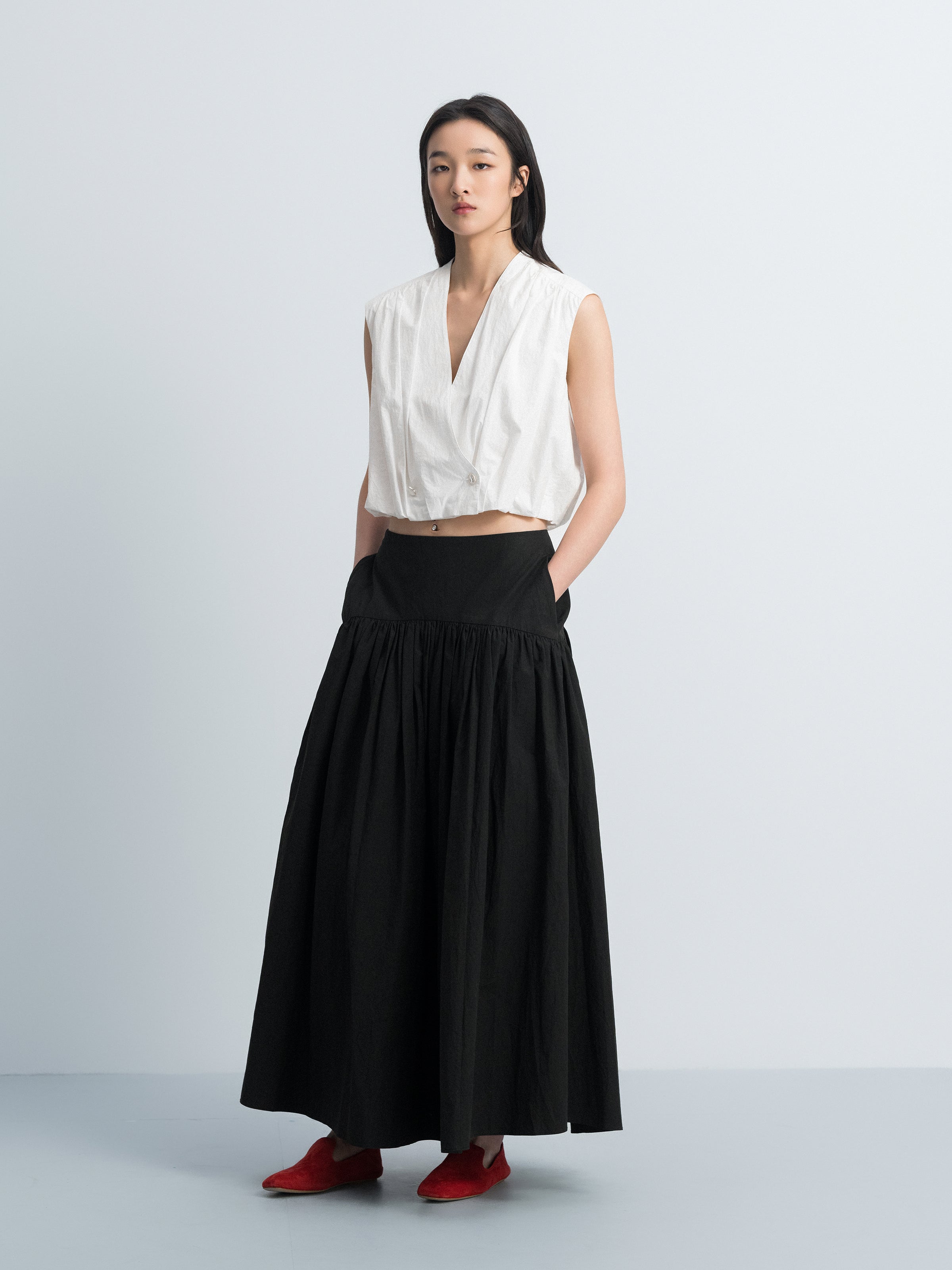 Black Washed Pima Cotton Ruched A-Line Long Skirt