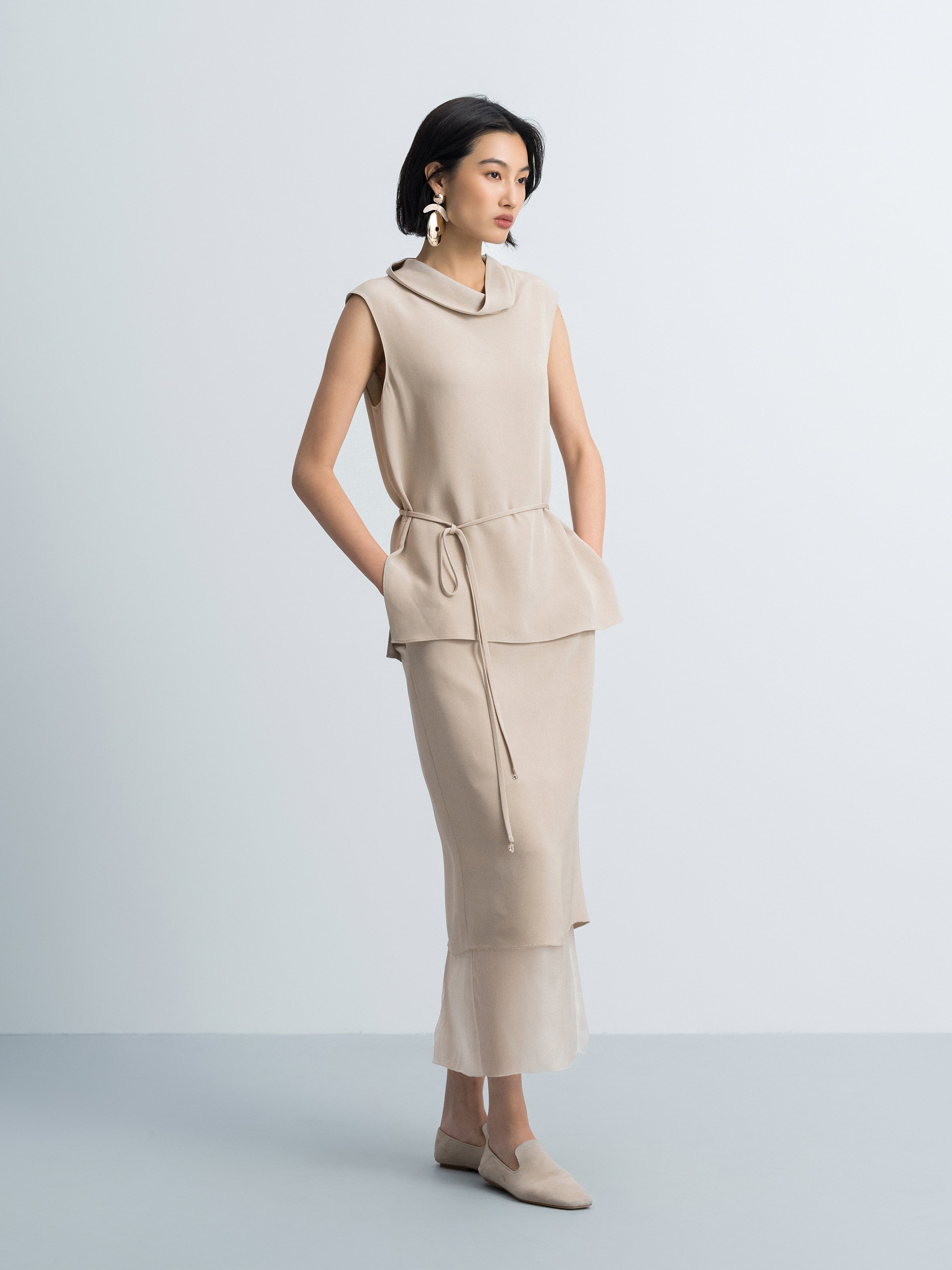 Light Khaki Mulberry Silk Cowl Neck Drawstring Sleeveless Top