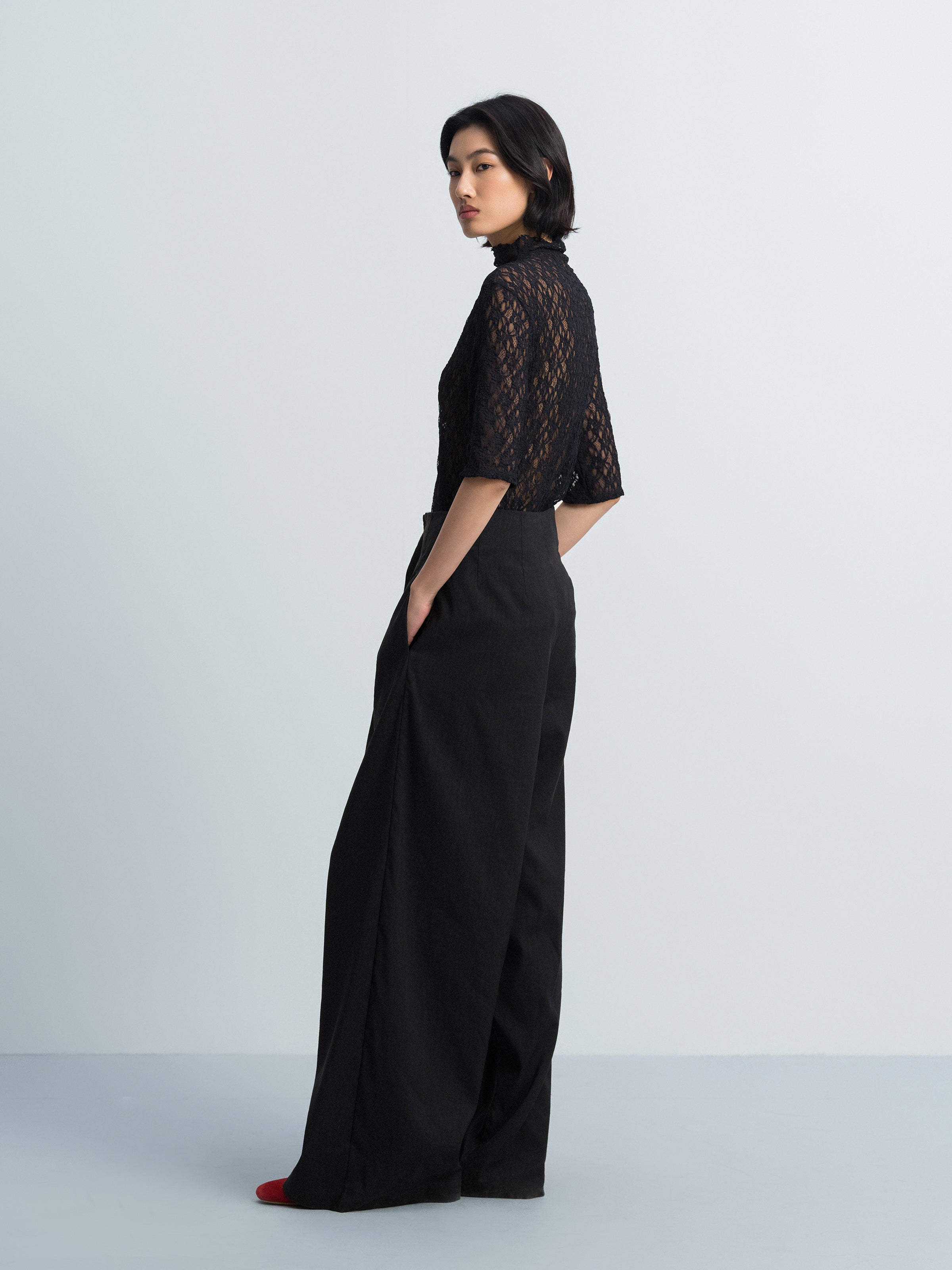 Navy Blue Stretch Lace Semi-High Neck Elbow-Sleeve Top