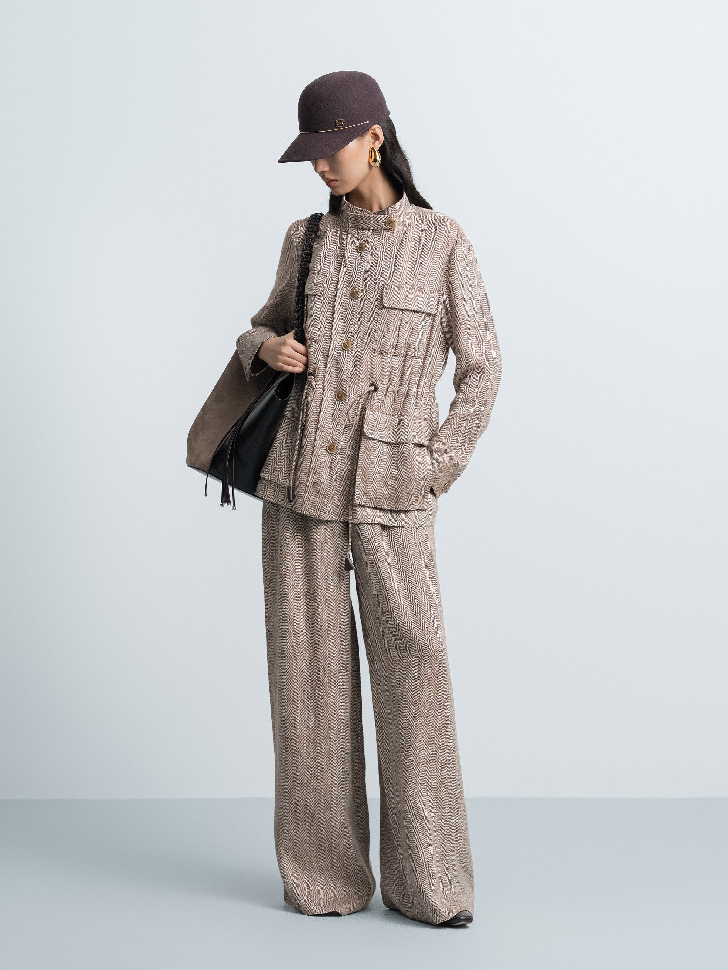 Coffee brown high-waist wide-leg trousers, loose fit, full-length side pockets